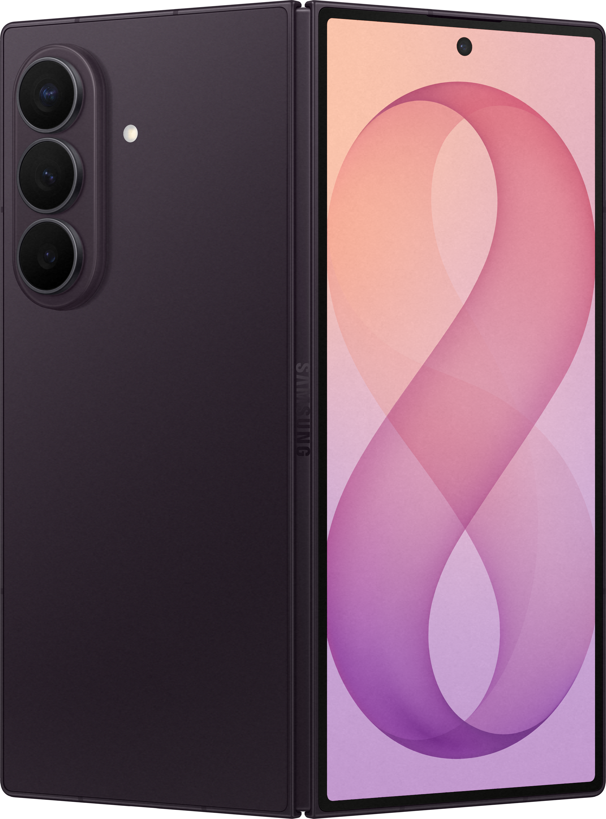 Uno smartphone pieghevole viola scuro con tre fotocamere posteriori e uno schermo colorato sul davanti.