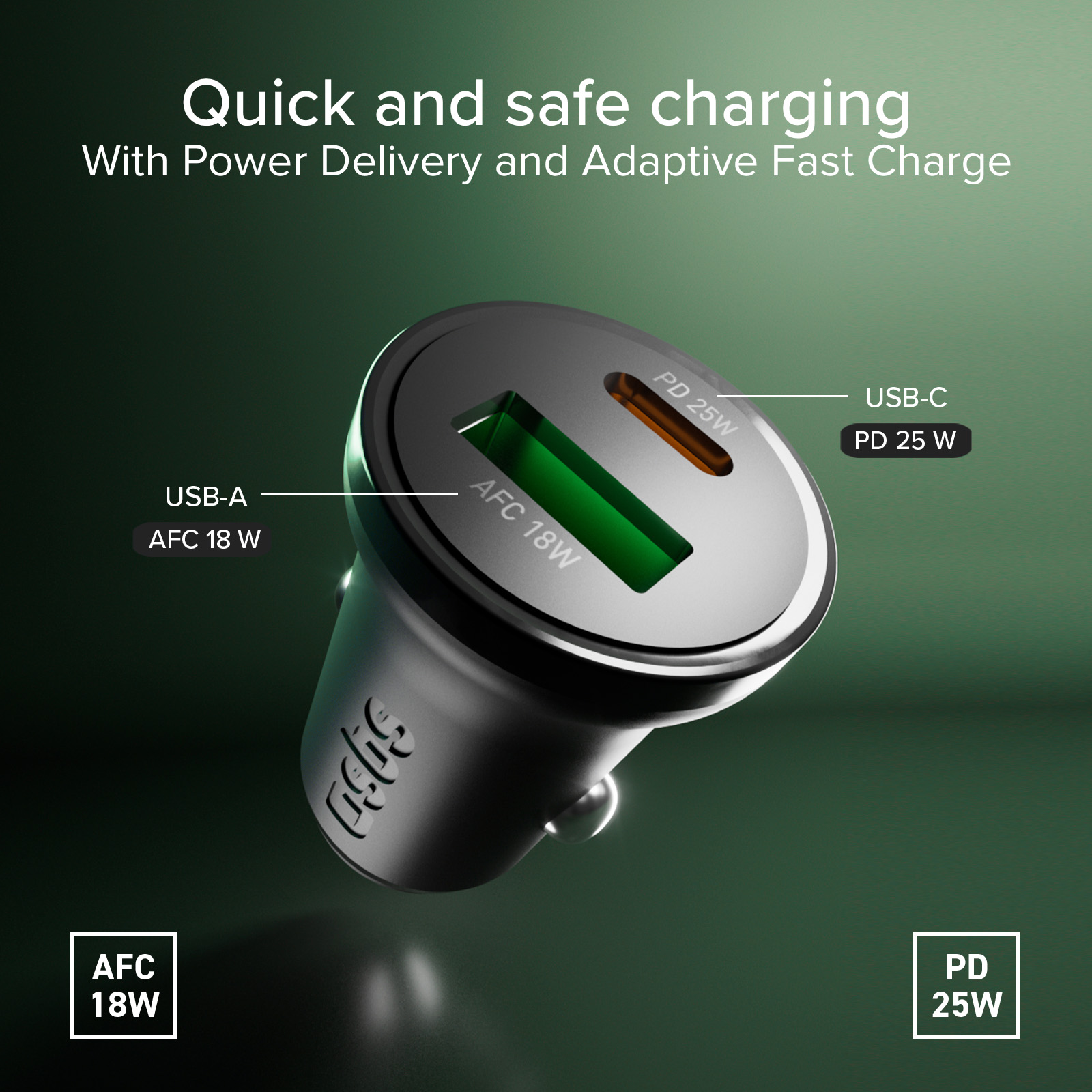Czarna ładowarka samochodowa z portami USB-A (AFC 18W) i USB-C (PD 25W) na ciemnym tle.