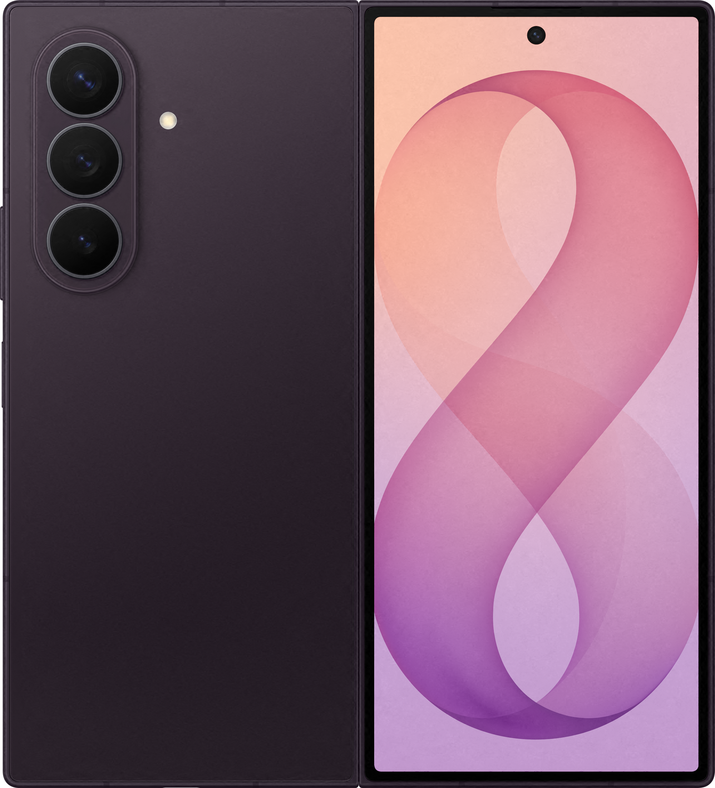 Smartphone scuro con tre fotocamere sul retro e schermo frontale con sfondo astratto rosa.