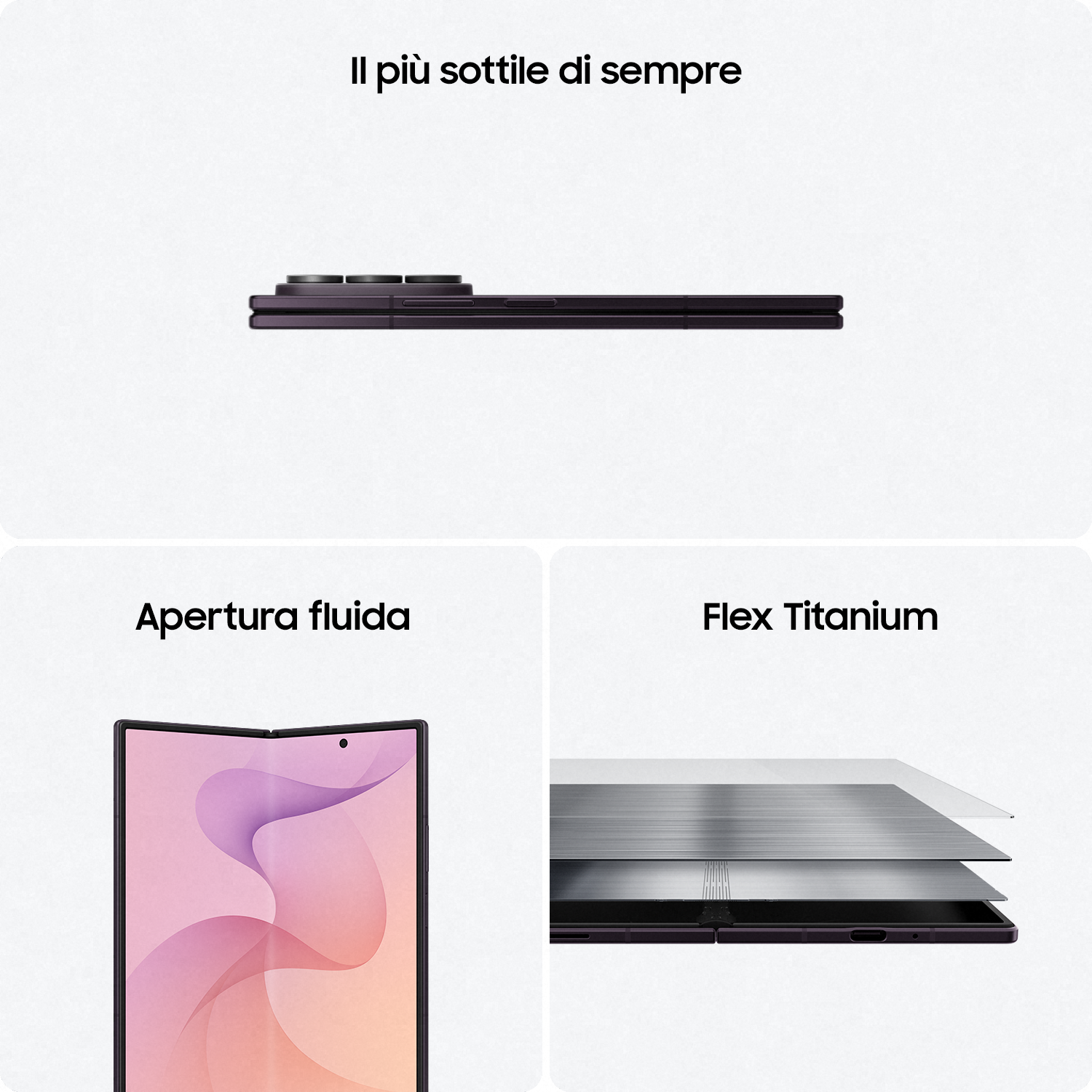 Immagine promozionale di uno smartphone pieghevole sottile con apertura fluida e strati in titanio.
