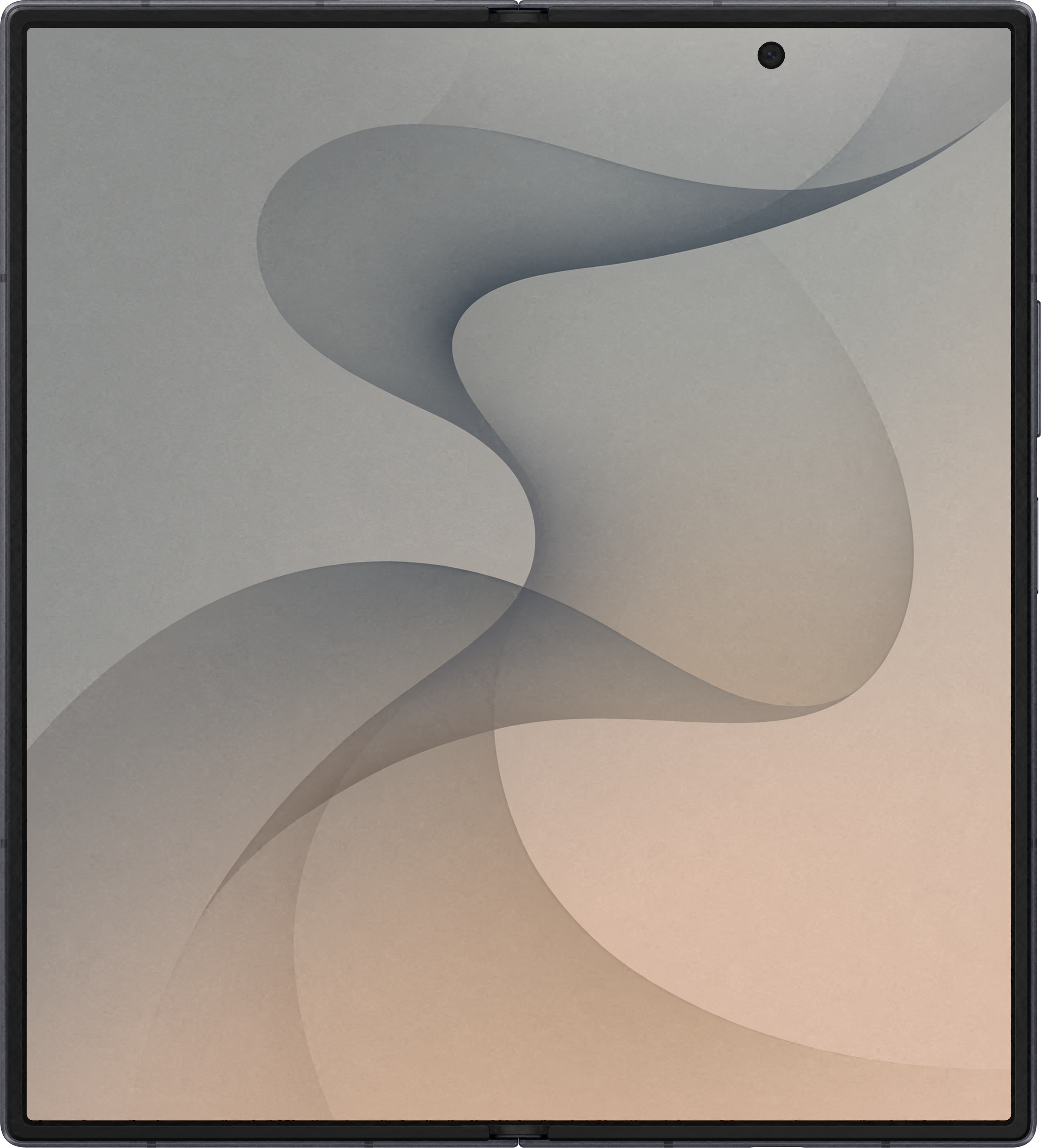 Uno smartphone pieghevole che mostra un motivo di sfondo grigio ondulato e una piccola fotocamera frontale.