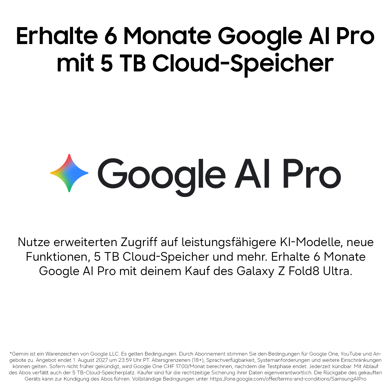 Werbung für 6 Monate Google AI Pro mit 5 TB Cloud-Speicher beim Kauf des Galaxy Z Fold8 Ultra.