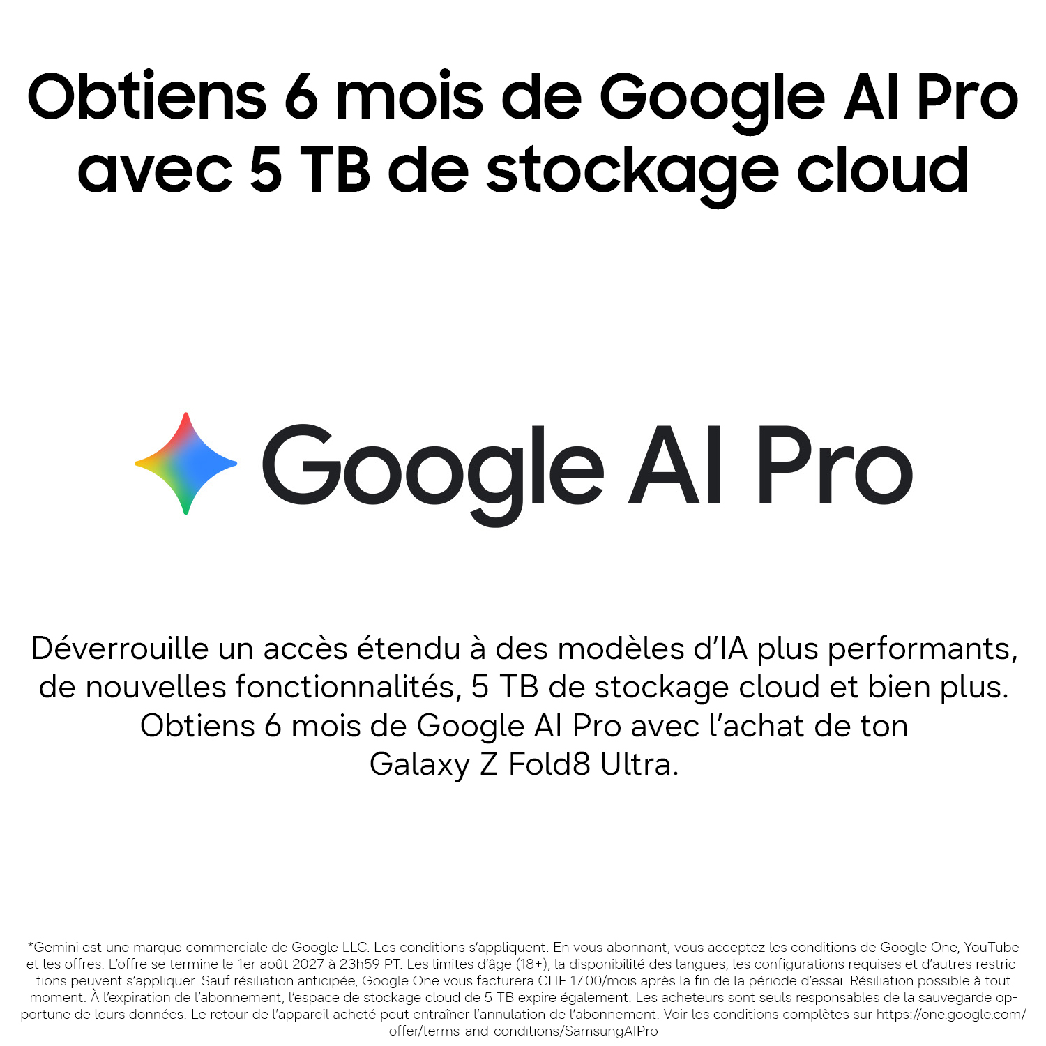 Publicité pour Google AI Pro avec 6 mois gratuits et 5 To de stockage pour l'achat d'un Galaxy Z Fold8 Ultra.