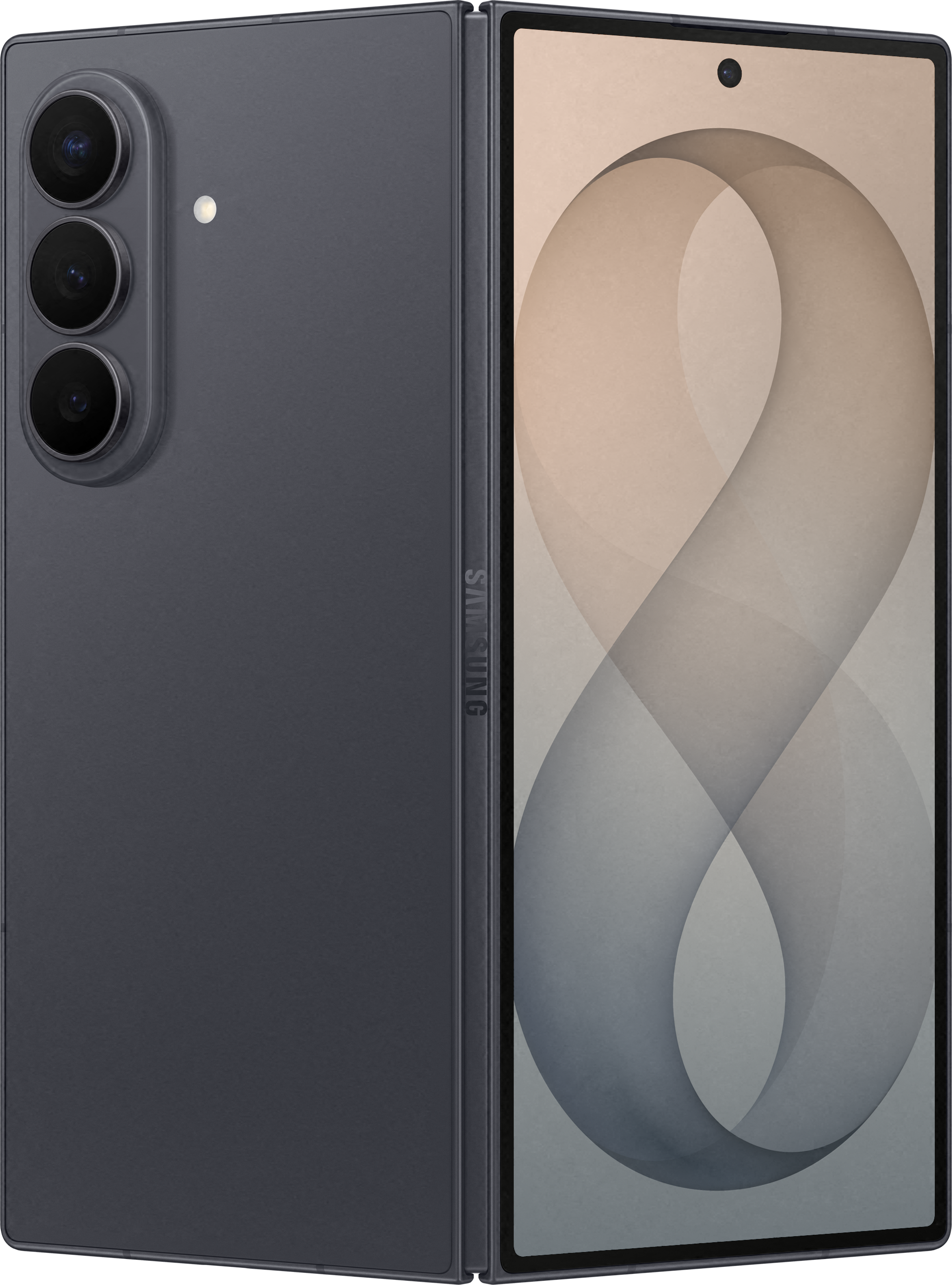 Uno smartphone pieghevole grigio mostra la tripla fotocamera posteriore e lo schermo anteriore astratto.