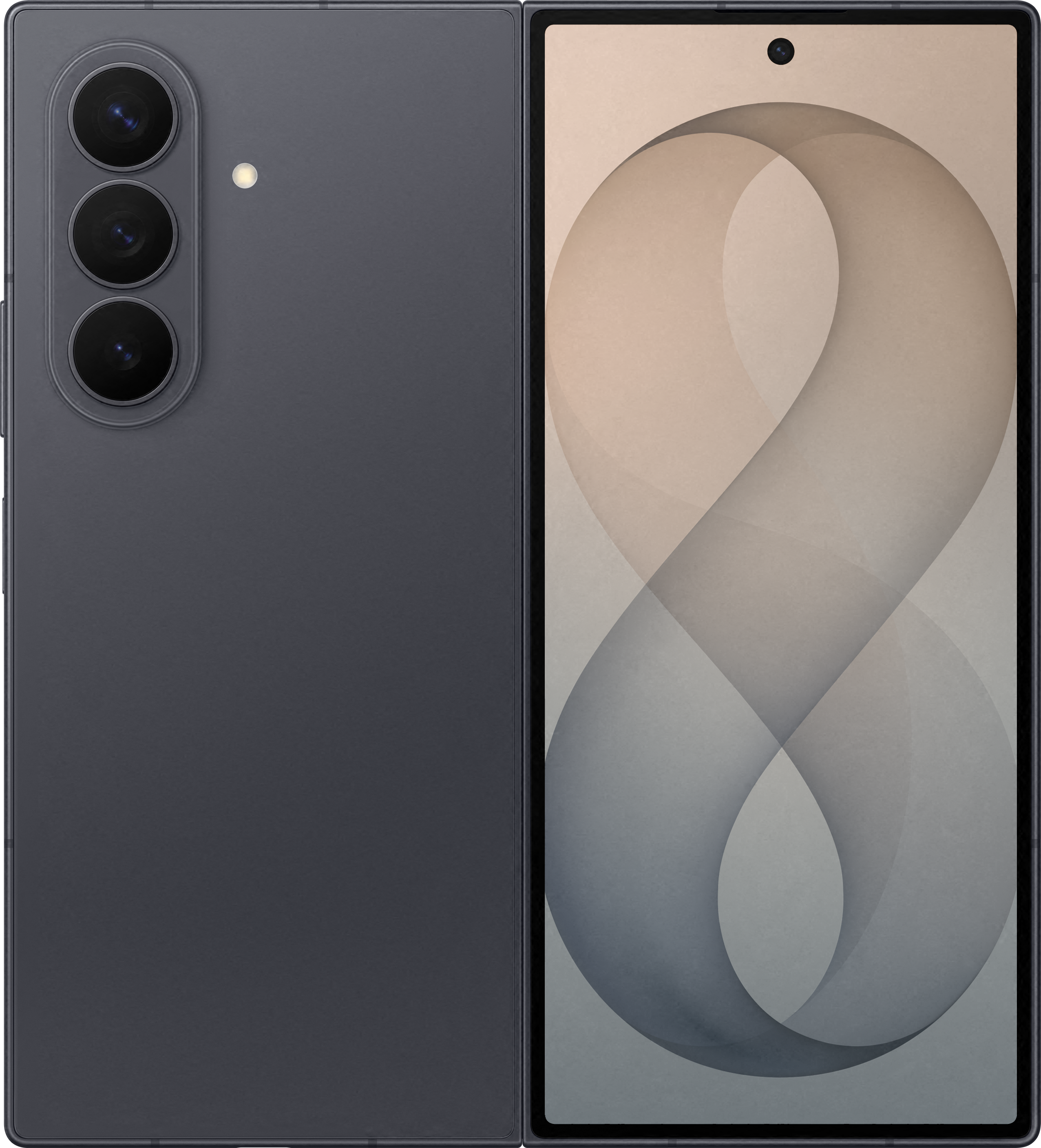 Smartphone grigio con tripla fotocamera posteriore e schermata iniziale accesa.