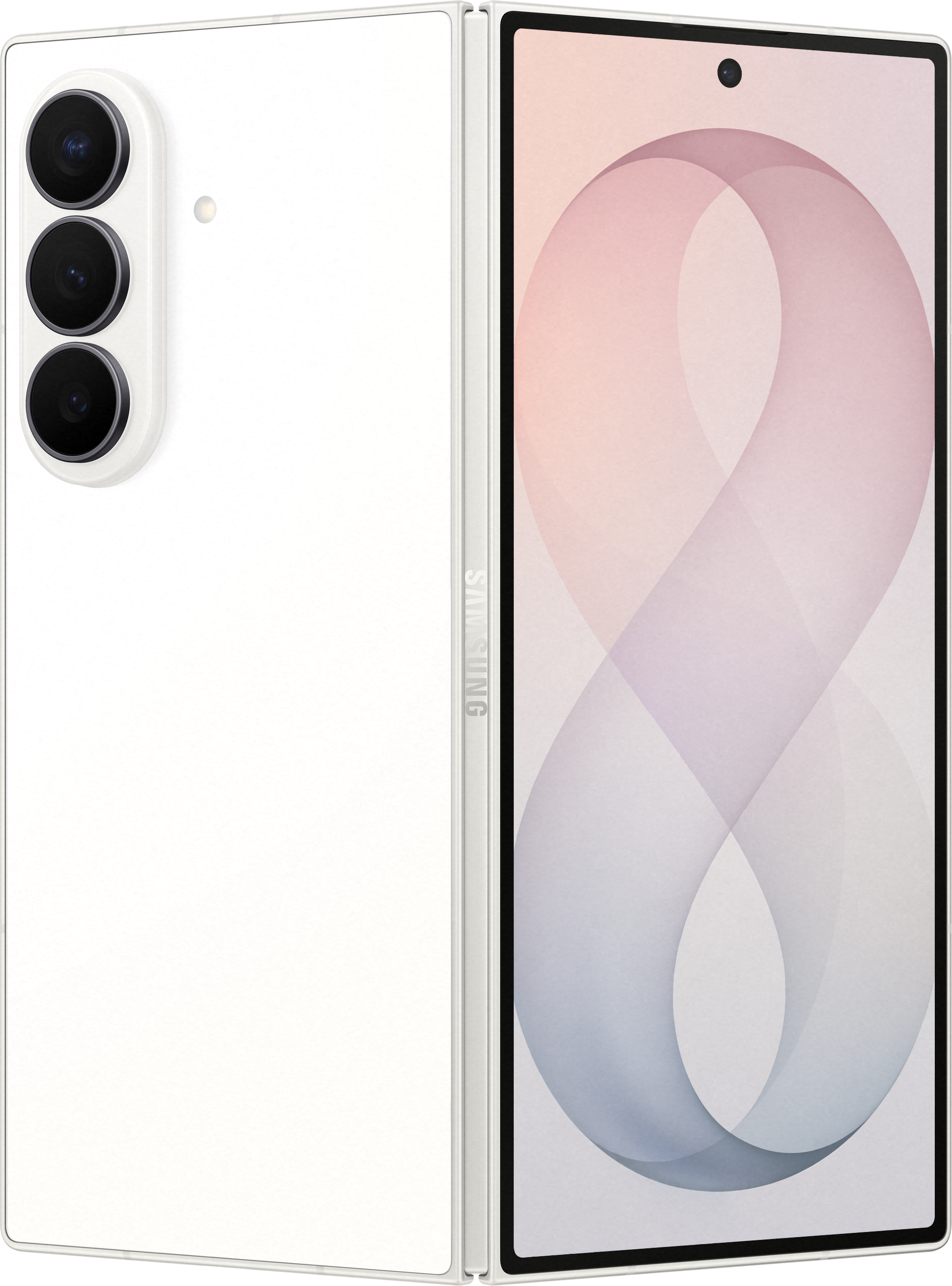 Uno smartphone pieghevole bianco mostra la parte anteriore con display colorato e quella posteriore con tre fotocamere.