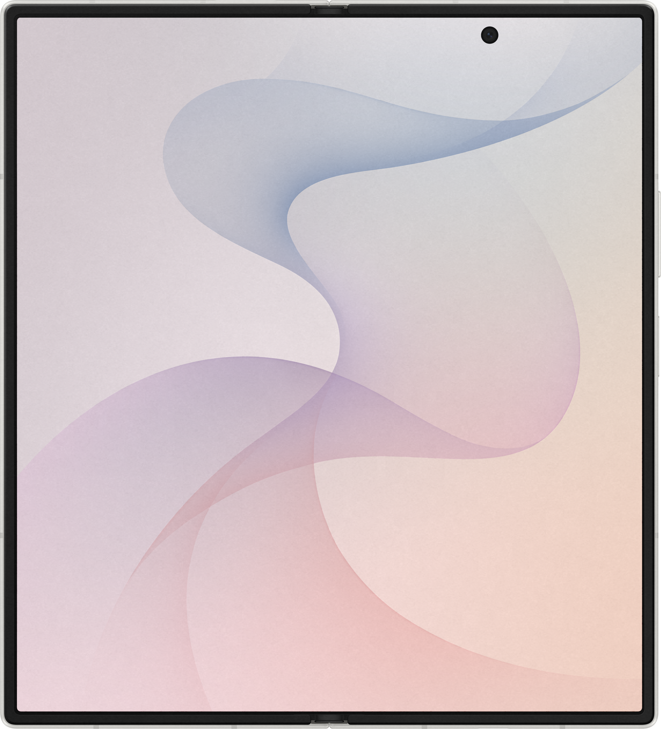 Uno smartphone pieghevole con schermo grande mostra linee astratte e fluide in tonalità pastello.