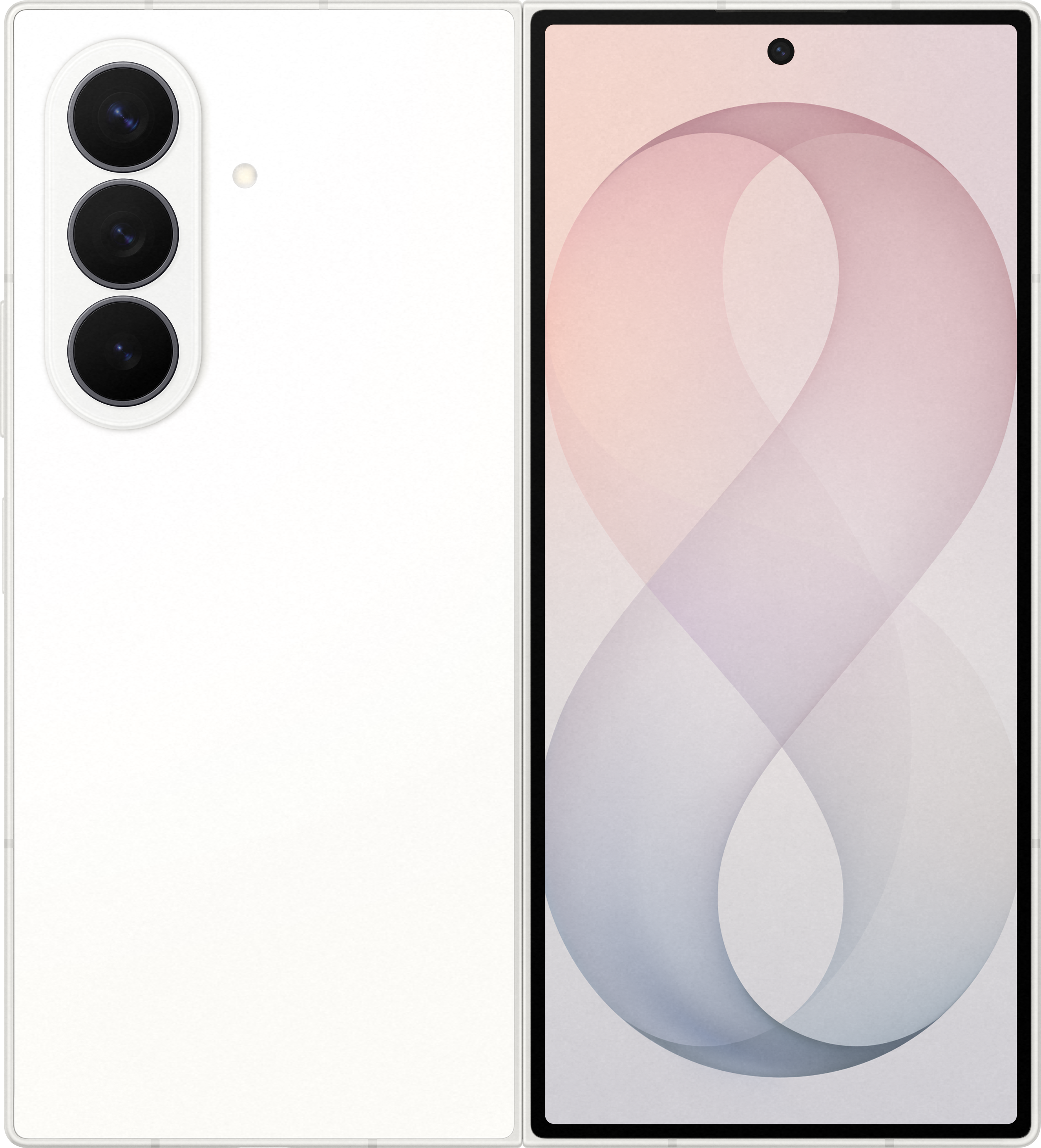Vista di uno smartphone bianco dal retro con tre obiettivi e dal fronte con uno sfondo astratto.