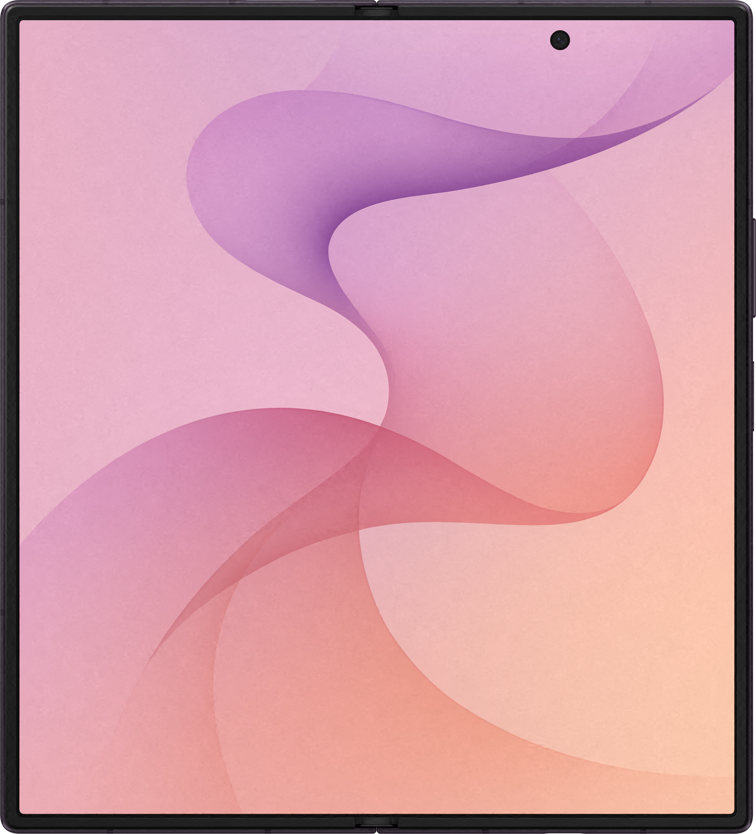Uno smartphone pieghevole mostra uno sfondo astratto rosa e viola con forme fluide.