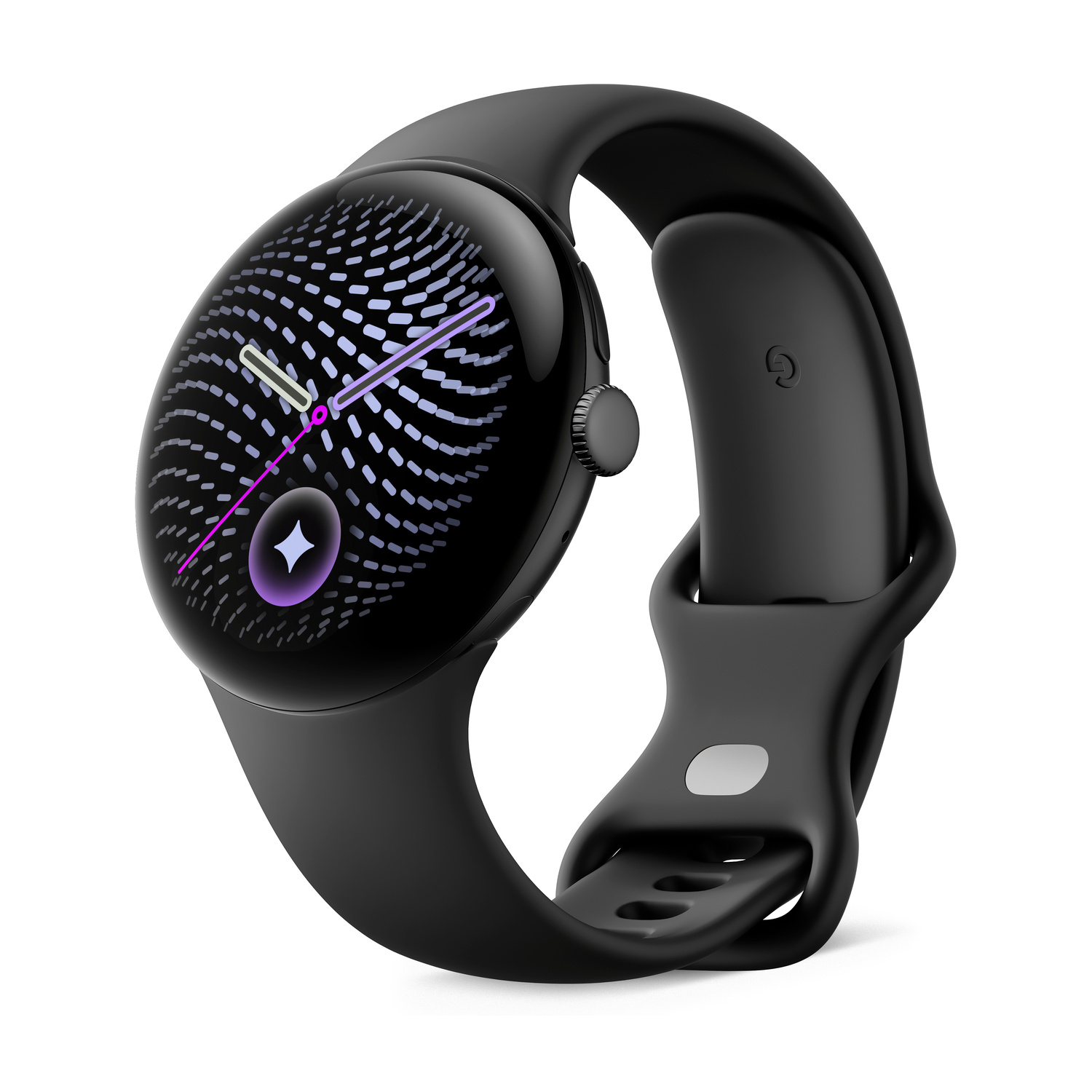 Uno smartwatch nero con quadrante digitale rotondo decorato, corona laterale e cinturino in silicone nero.