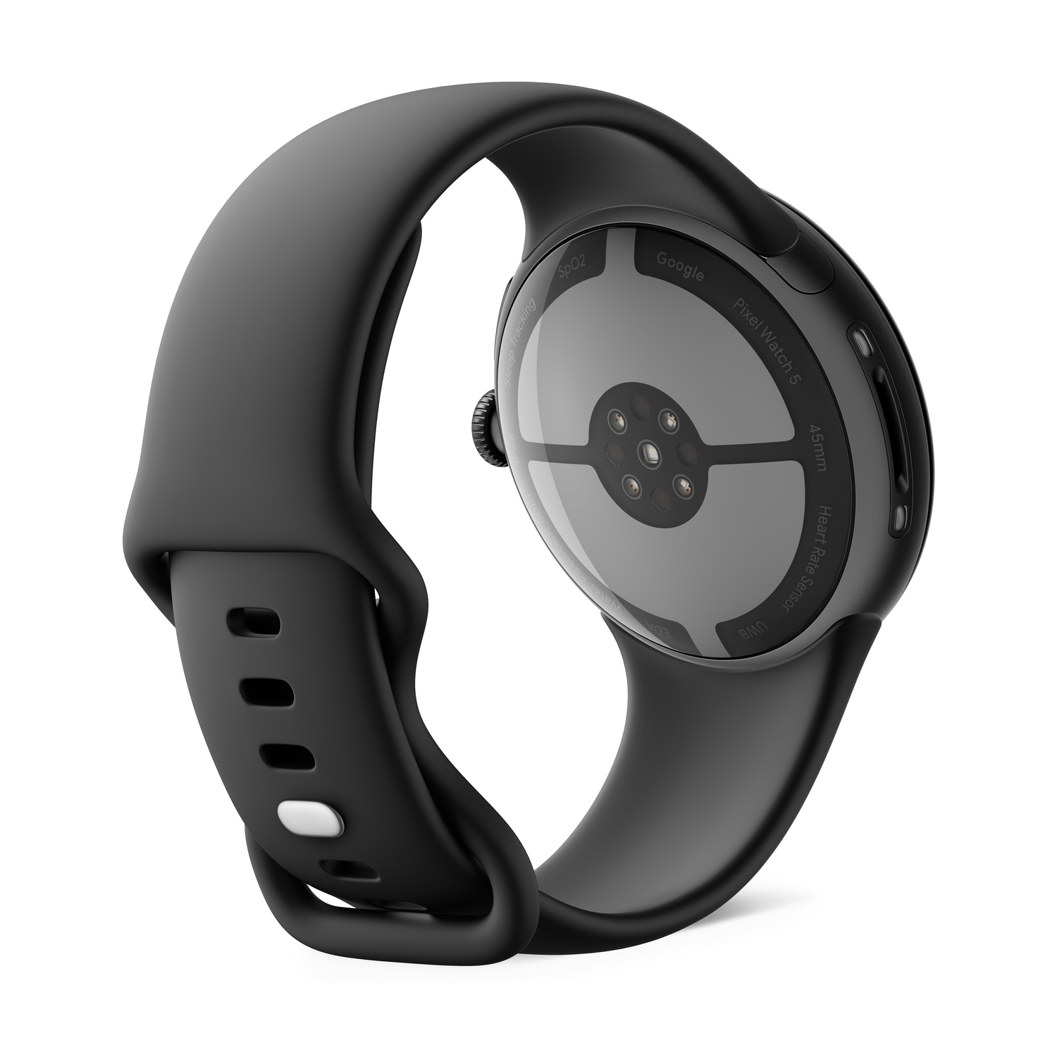 Retro di uno smartwatch nero con sensori sulla superficie in vetro e cinturino in gomma ricurvo.