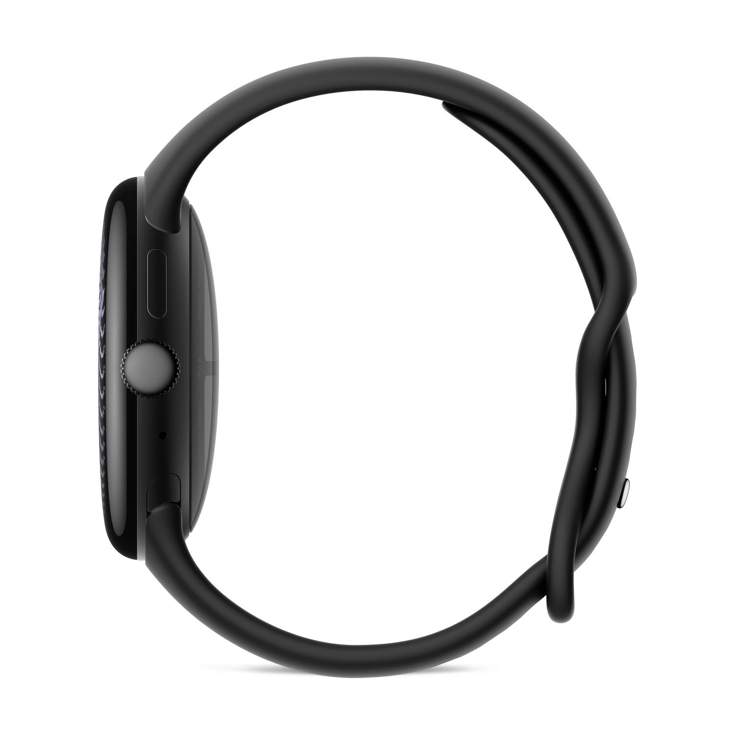 Vista laterale di uno smartwatch nero con cassa rotonda e cinturino in gomma su sfondo bianco.
