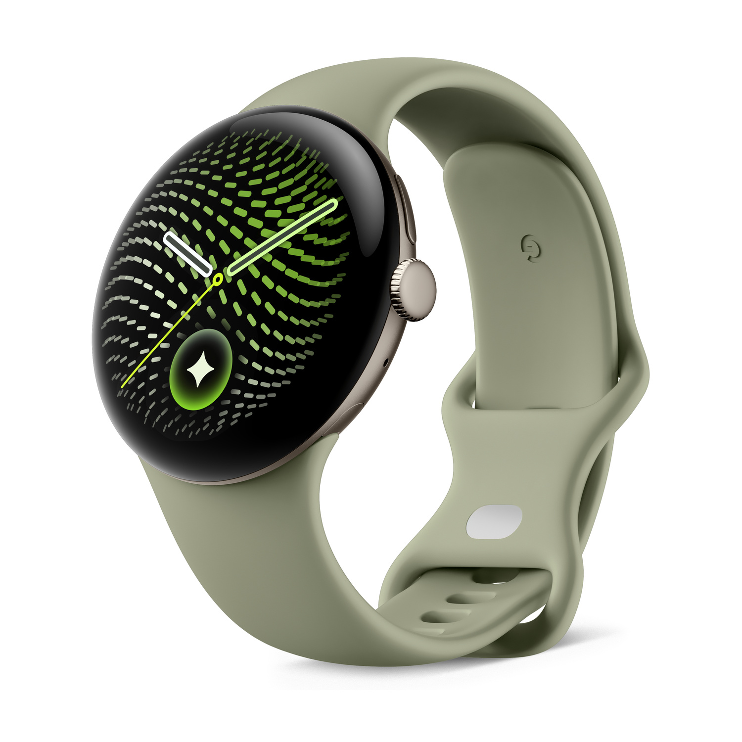 Uno smartwatch rotondo con cinturino in silicone verde chiaro mostra un quadrante digitale con motivo verde su sfondo bianco.