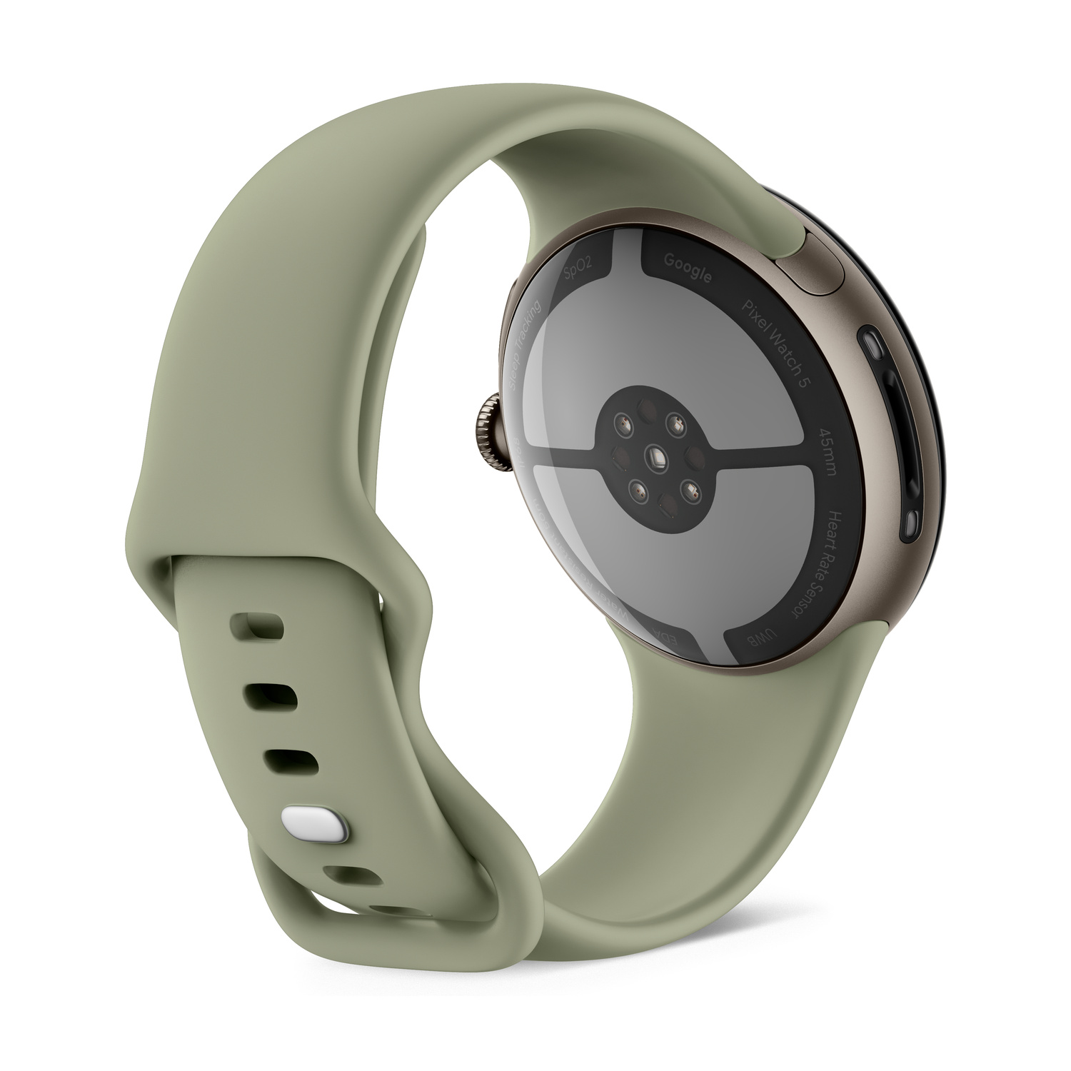Vista posteriore di uno smartwatch con cinturino in silicone verde salvia e sensori su sfondo bianco.