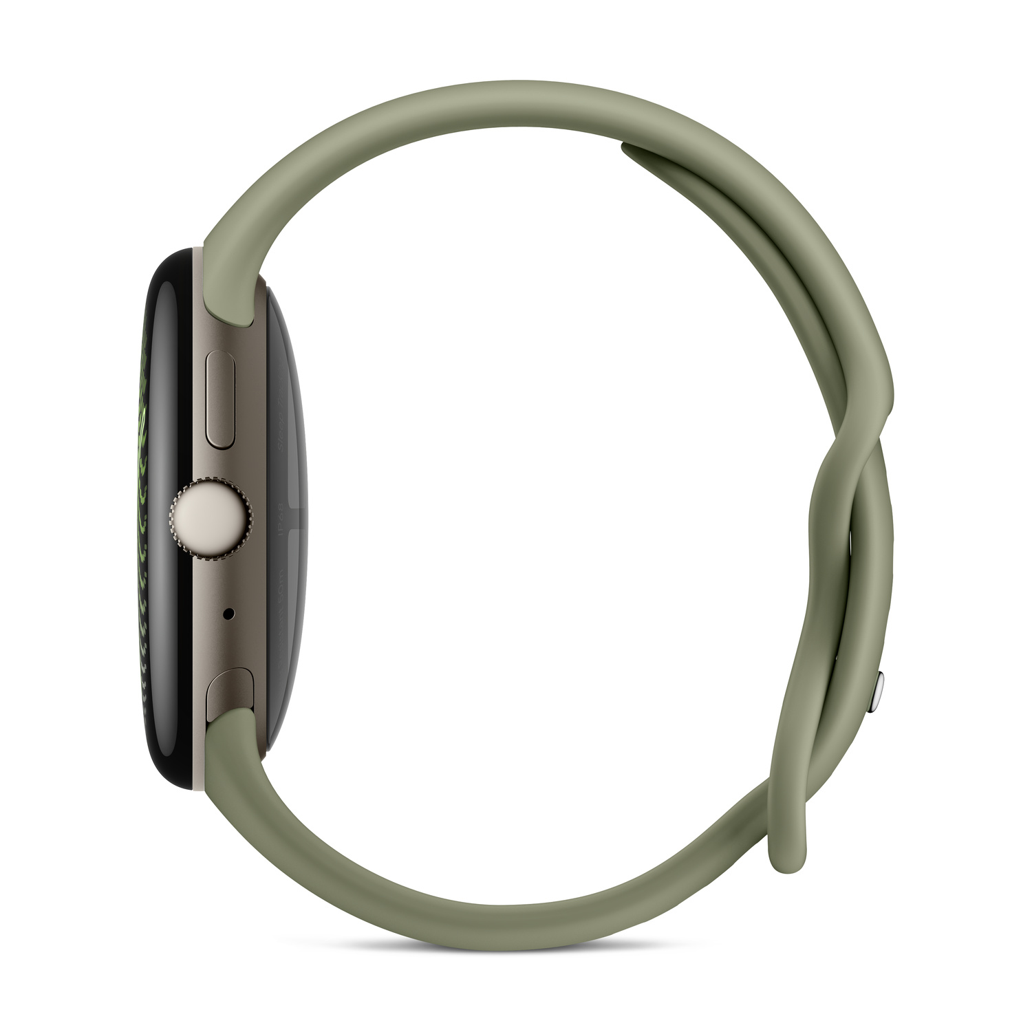 Vista laterale di uno smartwatch con cinturino in silicone verde oliva e cassa in metallo scuro su sfondo bianco.