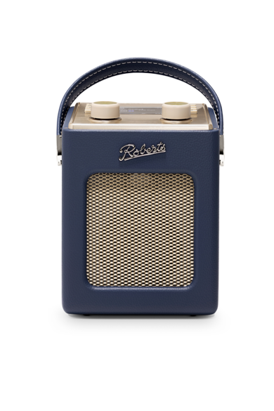 Blaues Vintage-Radio von Roberts mit goldener Front und Ledergriff vor schwarzem Hintergrund.