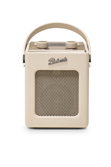 Ein beiger Retro-Radio mit Griff, silbernem Markenzeichen und Lautsprechergitter auf schwarzem Hintergrund.