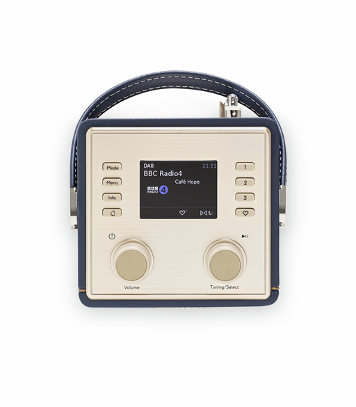 Tragbares Radio mit blauem Lederbezug, goldenem Frontpanel, Bildschirm und zwei Drehreglern.