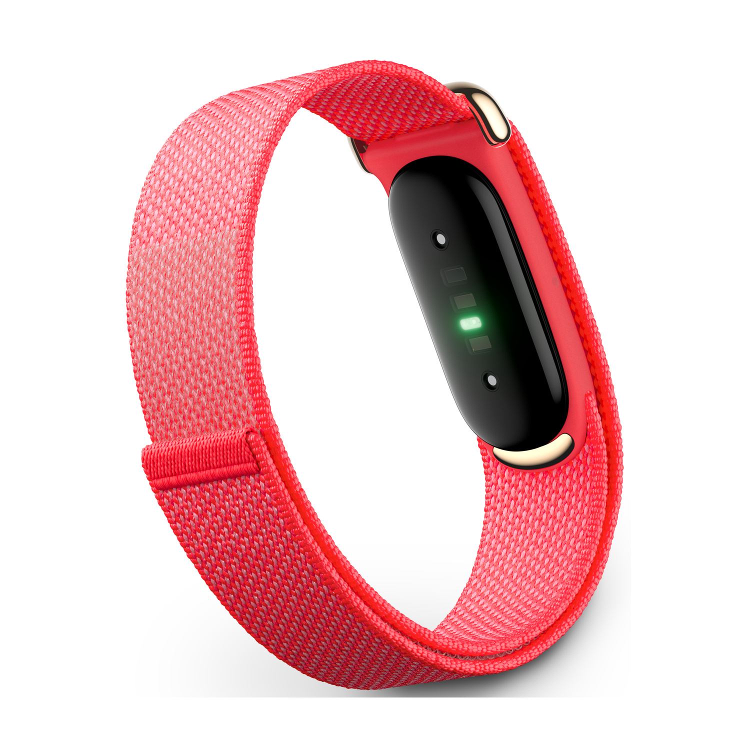 Un cinturino fitness rosso intrecciato con sensore nero e luce verde su sfondo bianco.