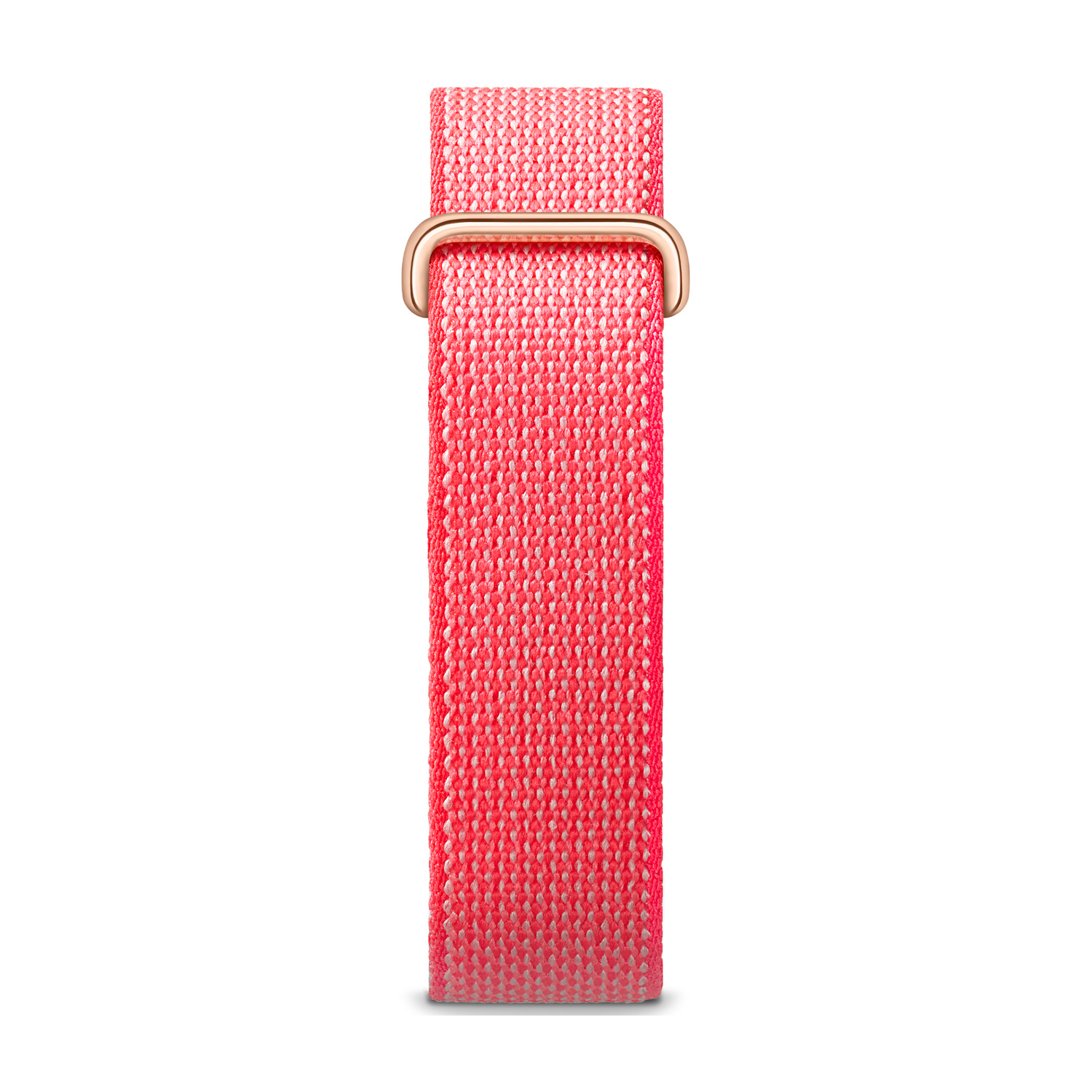 Un cinturino per orologio tessuto rosa con fibbia in metallo oro rosa su sfondo bianco.