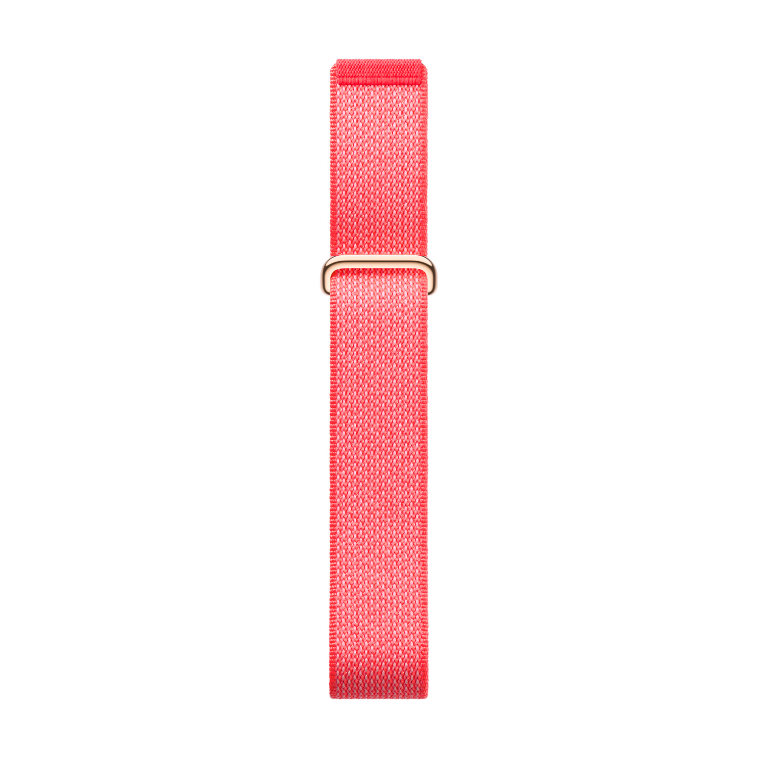 Un cinturino per smartwatch in tessuto rosa salmone con cursore in metallo oro rosa su sfondo bianco.