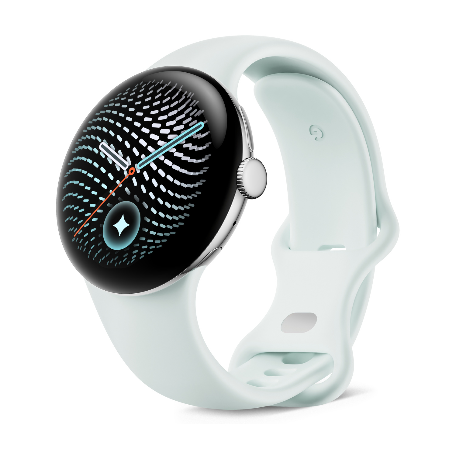 Uno smartwatch con quadrante nero rotondo, motivo bianco e cinturino in silicone verde chiaro su sfondo bianco.