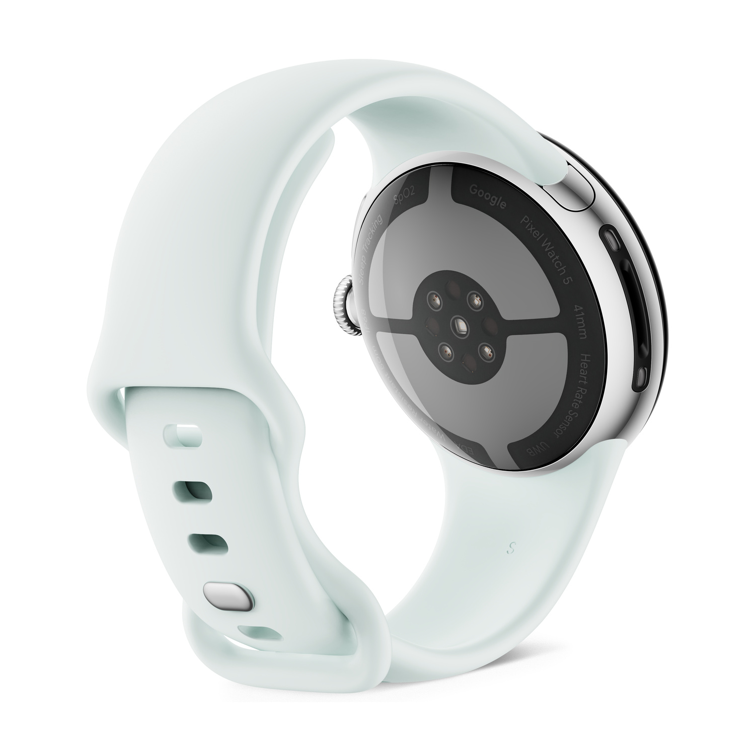 Uno smartwatch con cinturino verde chiaro mostrato da dietro, con sensori e dettagli.