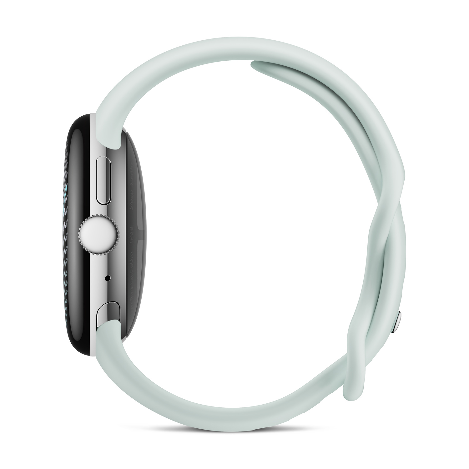 Vista laterale di uno smartwatch con cassa scura, corona rotonda e cinturino in silicone chiaro su sfondo bianco.