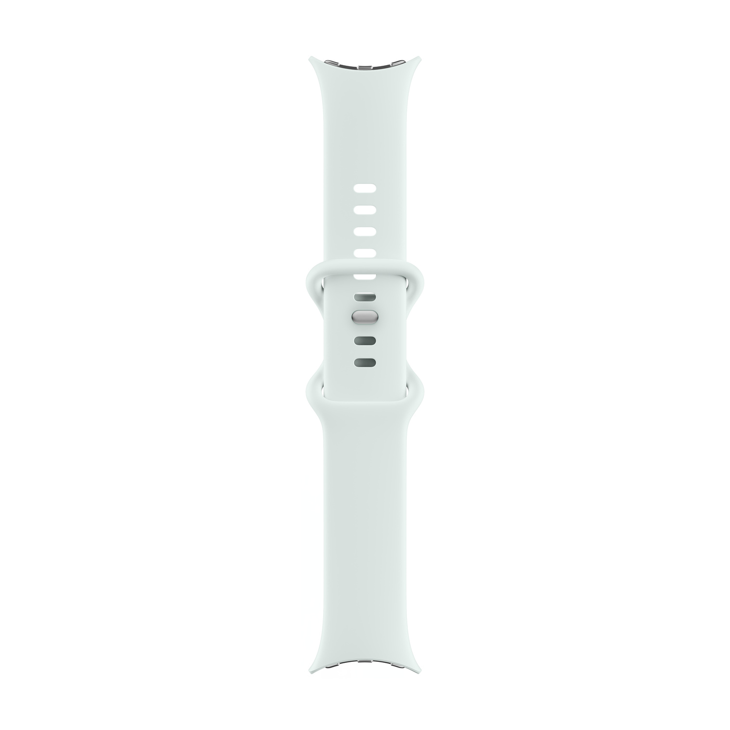 Un cinturino per smartwatch in silicone verde chiaro con fori regolabili e un passante su sfondo bianco.