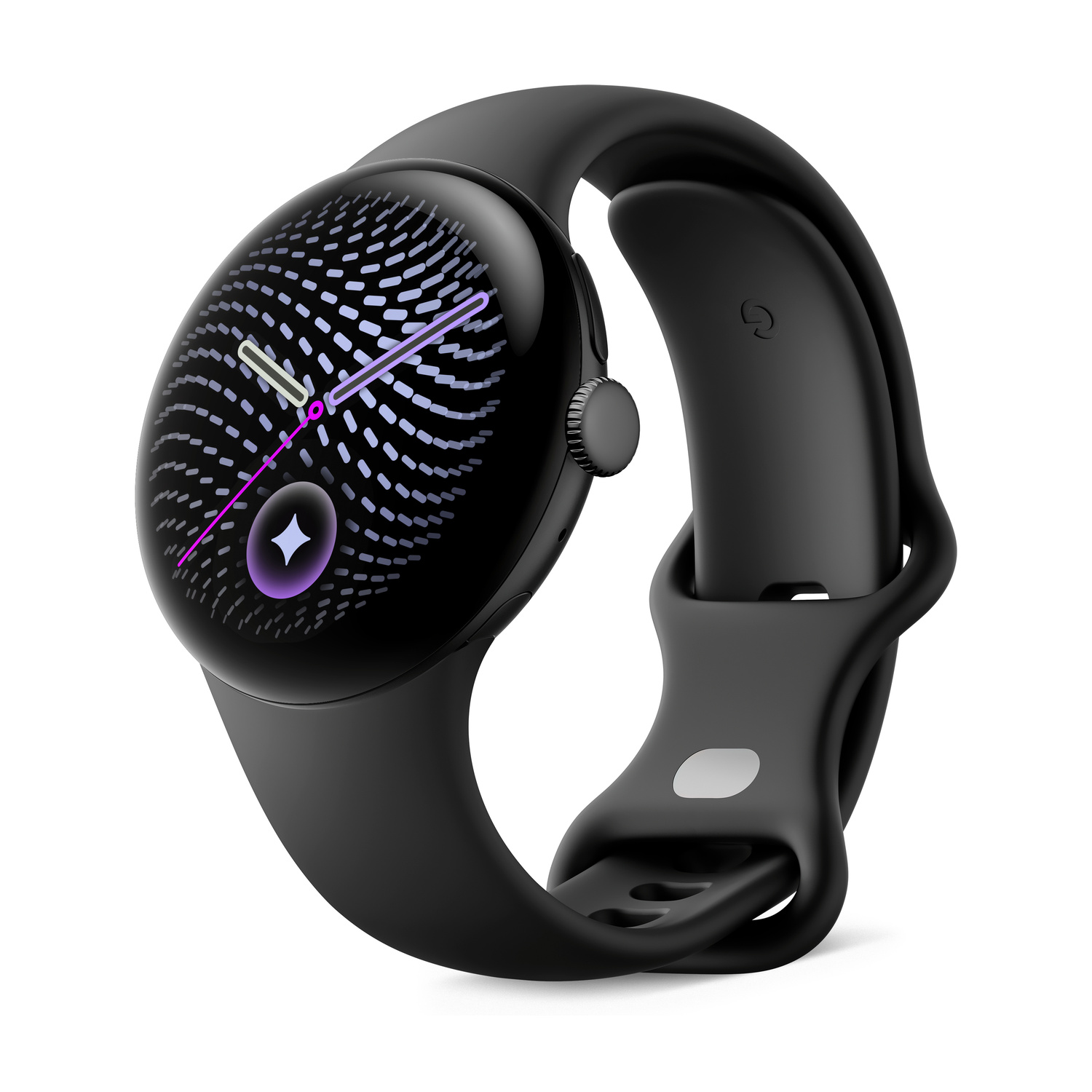 Smartwatch nero con display rotondo e quadrante fantasia su sfondo bianco.