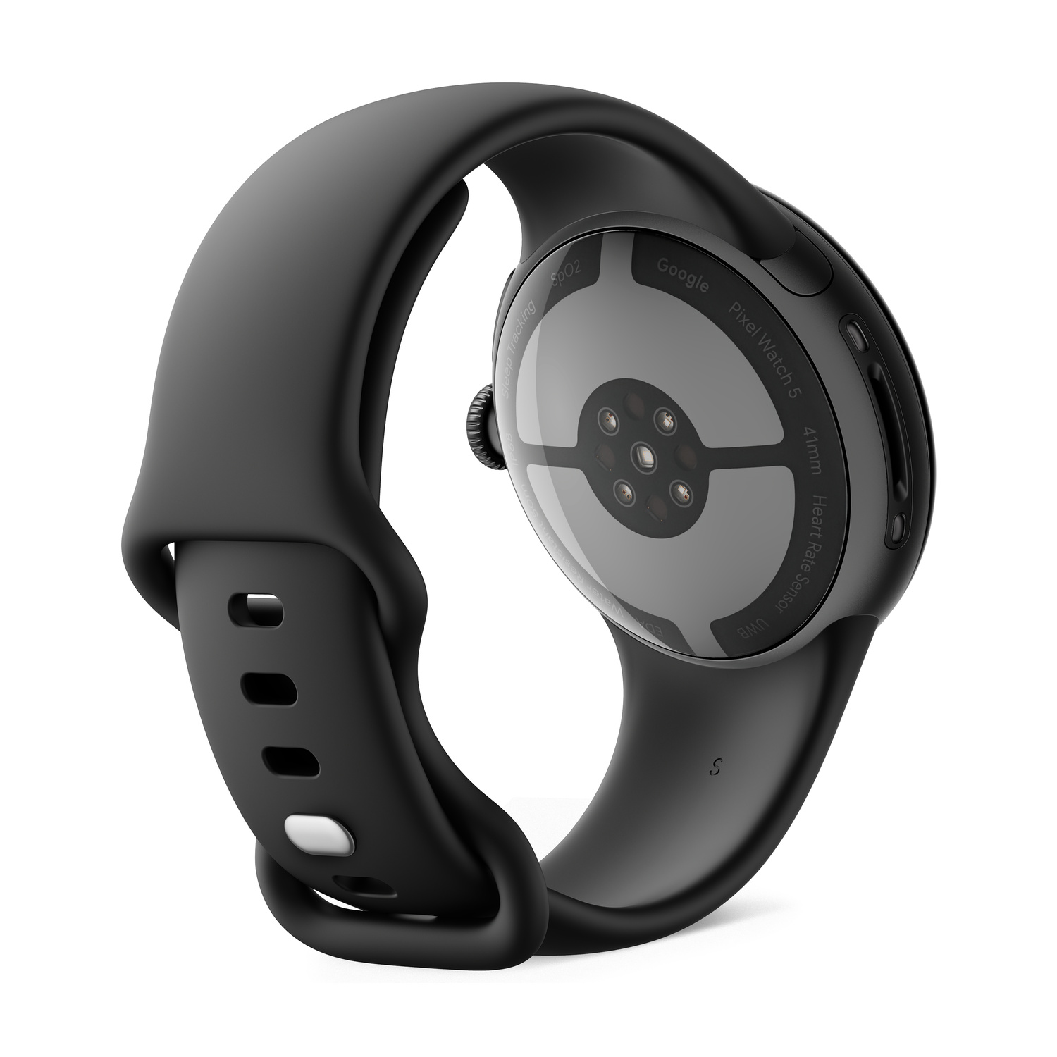 Vista posteriore di uno smartwatch nero con sensori sul retro e cinturino in silicone nero.
