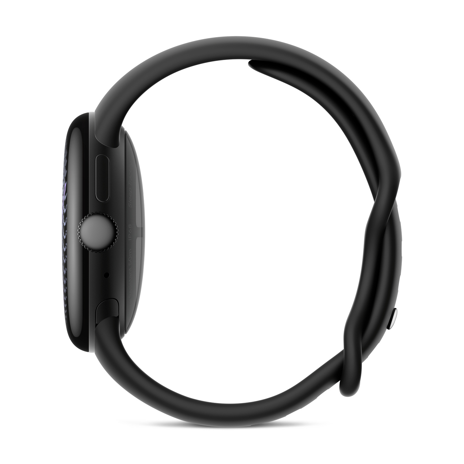 Vista laterale di uno smartwatch nero con cassa arrotondata e cinturino in silicone nero su sfondo bianco.