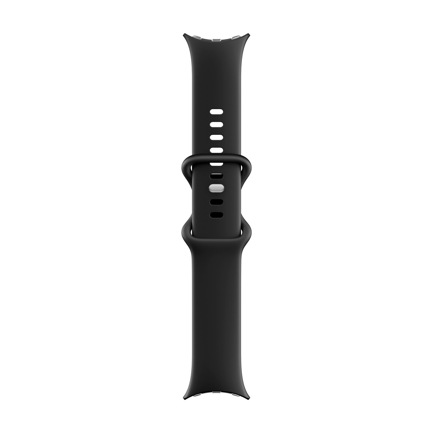 Un cinturino sportivo in silicone nero con fibbia in metallo argentato su sfondo bianco.