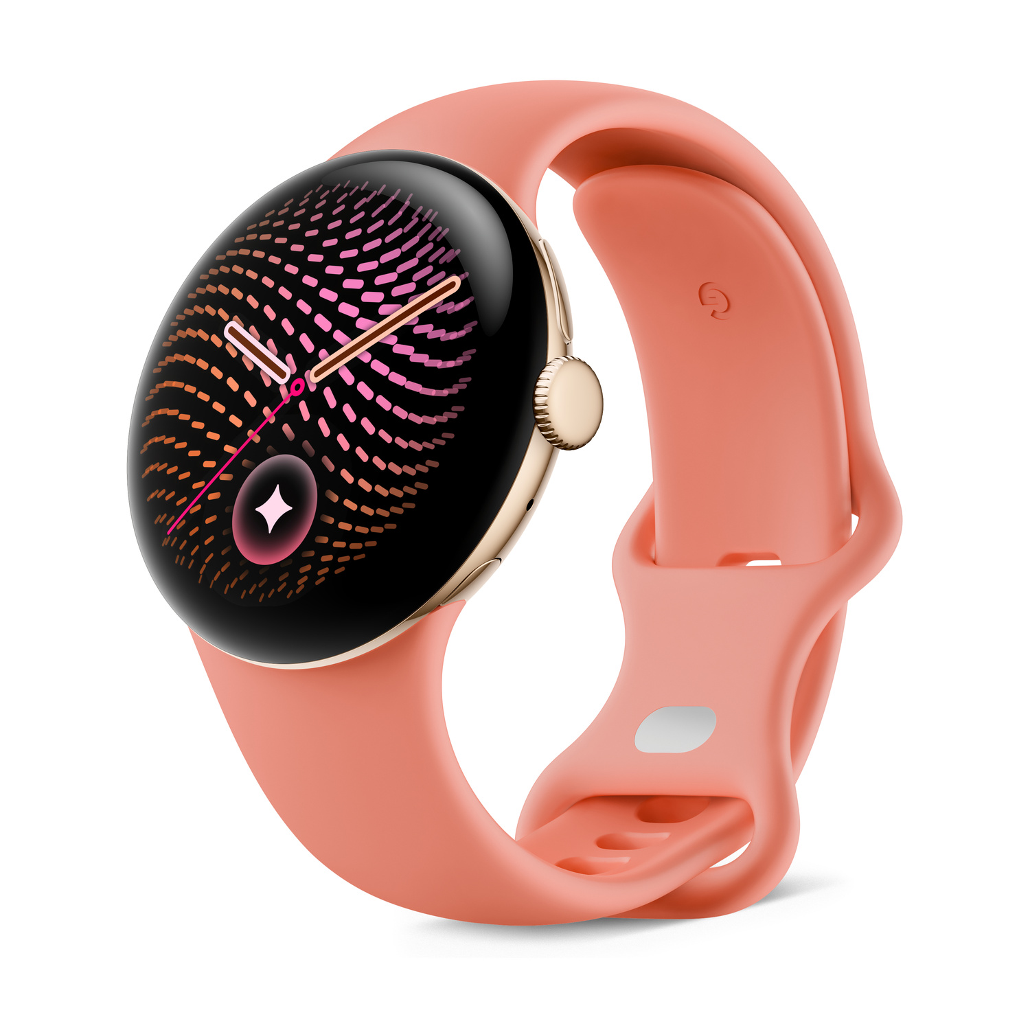 Uno smartwatch rosa con display rotondo e cassa dorata su sfondo bianco.