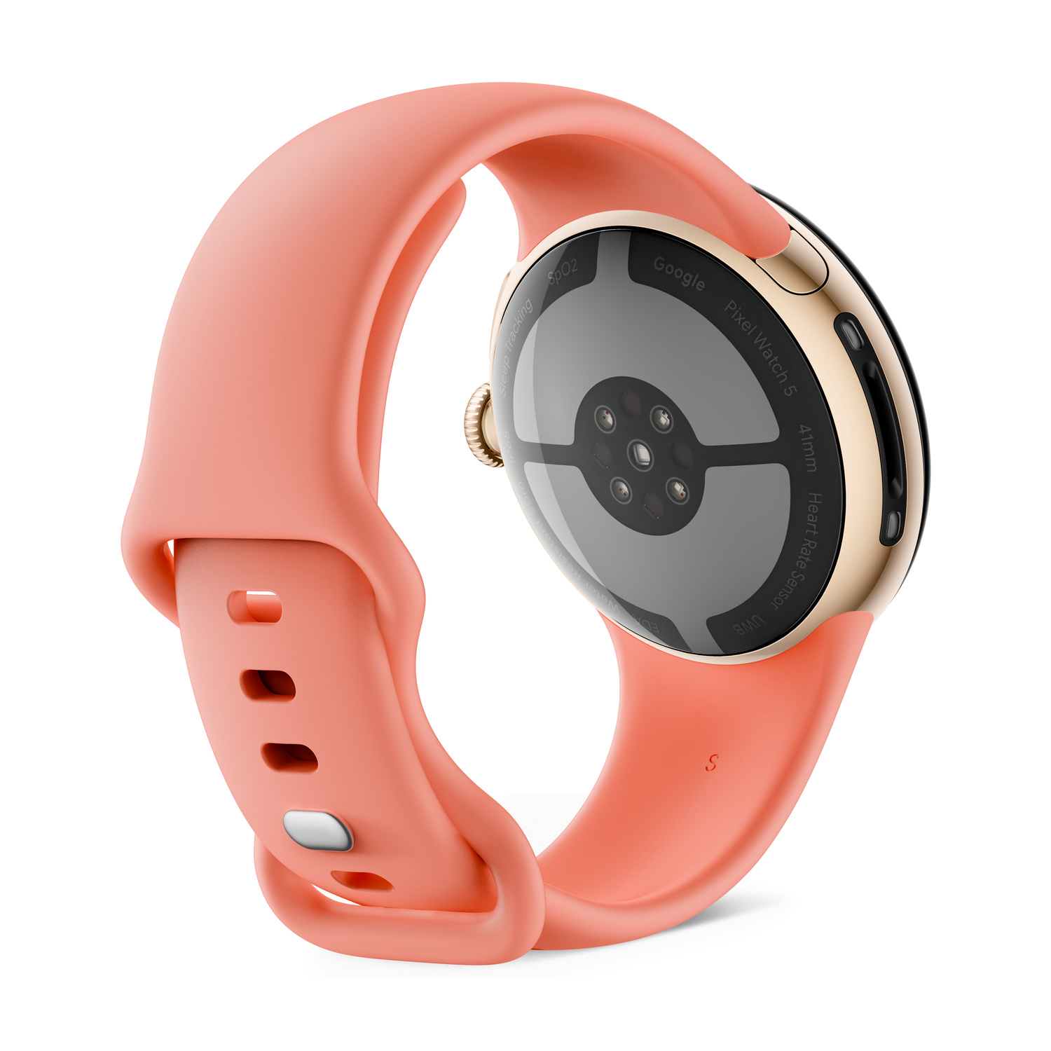 Vista posteriore di un Google Pixel Watch rosa con sensori e cassa dorata.