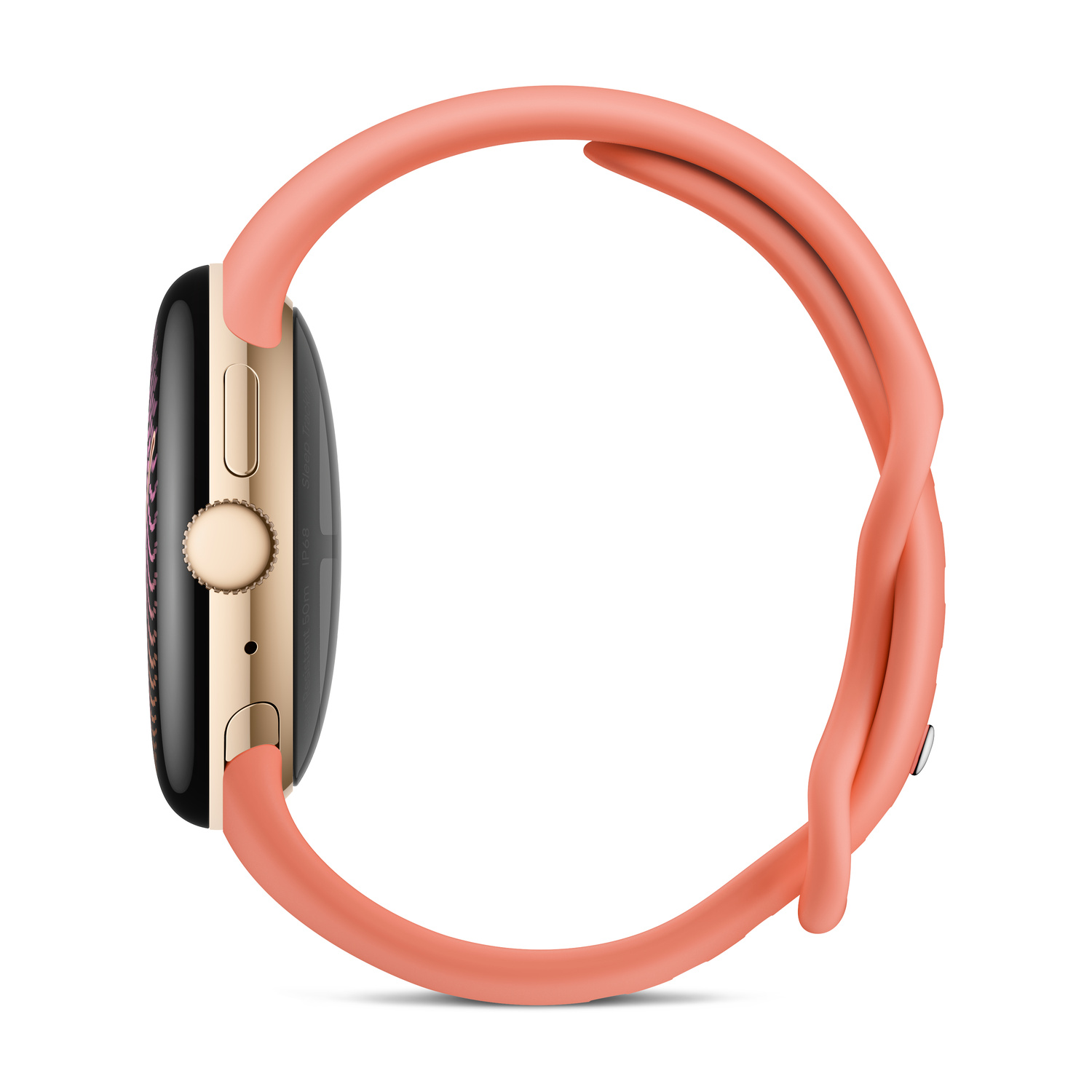 Vista laterale di uno smartwatch con cassa dorata e cinturino in silicone arancione su sfondo bianco.