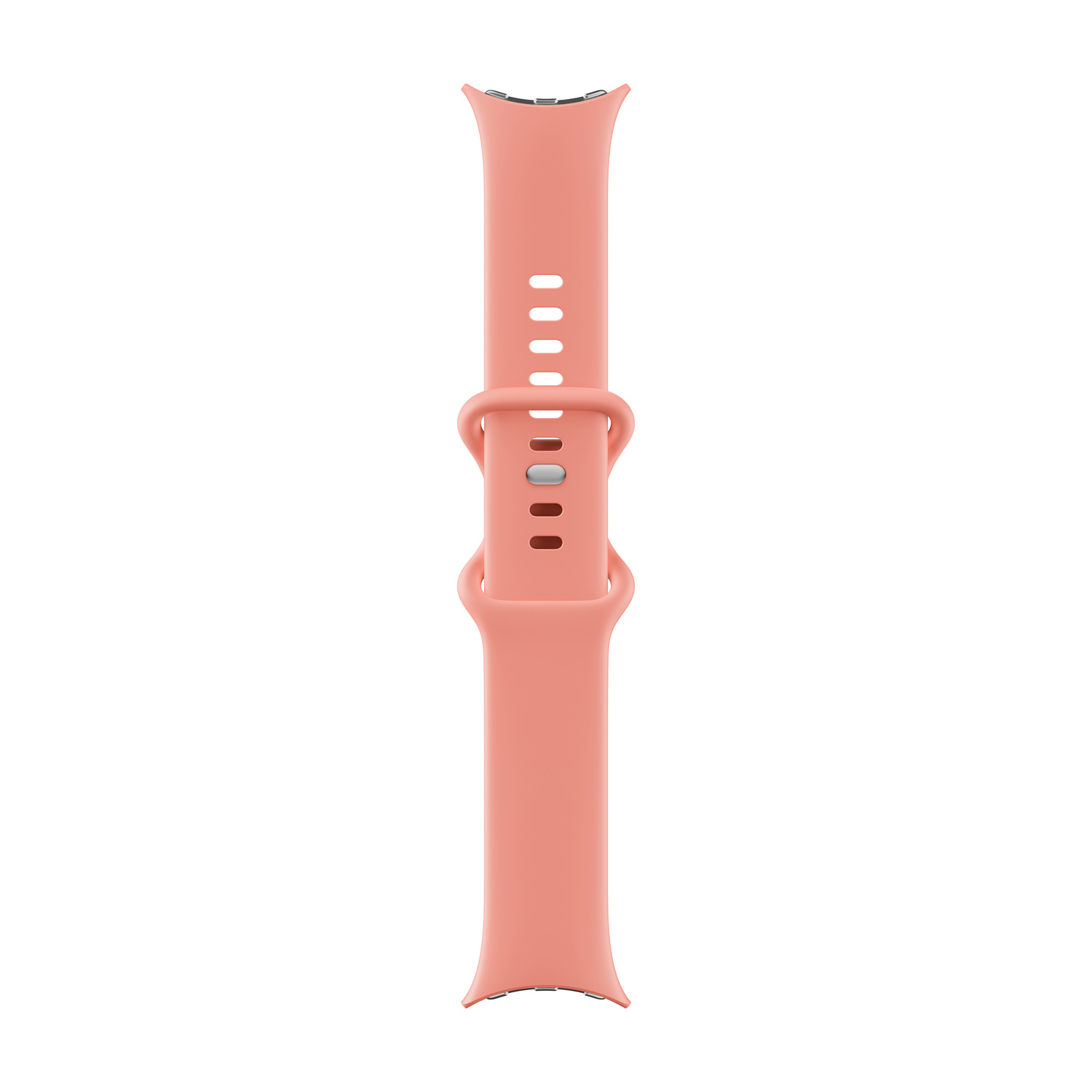 Un cinturino per smartwatch in silicone rosa salmone con fibbia argentata su sfondo bianco.