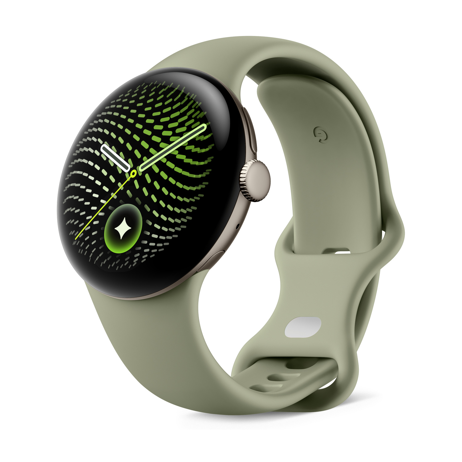 Uno smartwatch con cinturino in silicone verde e display rotondo con motivo verde su sfondo bianco.
