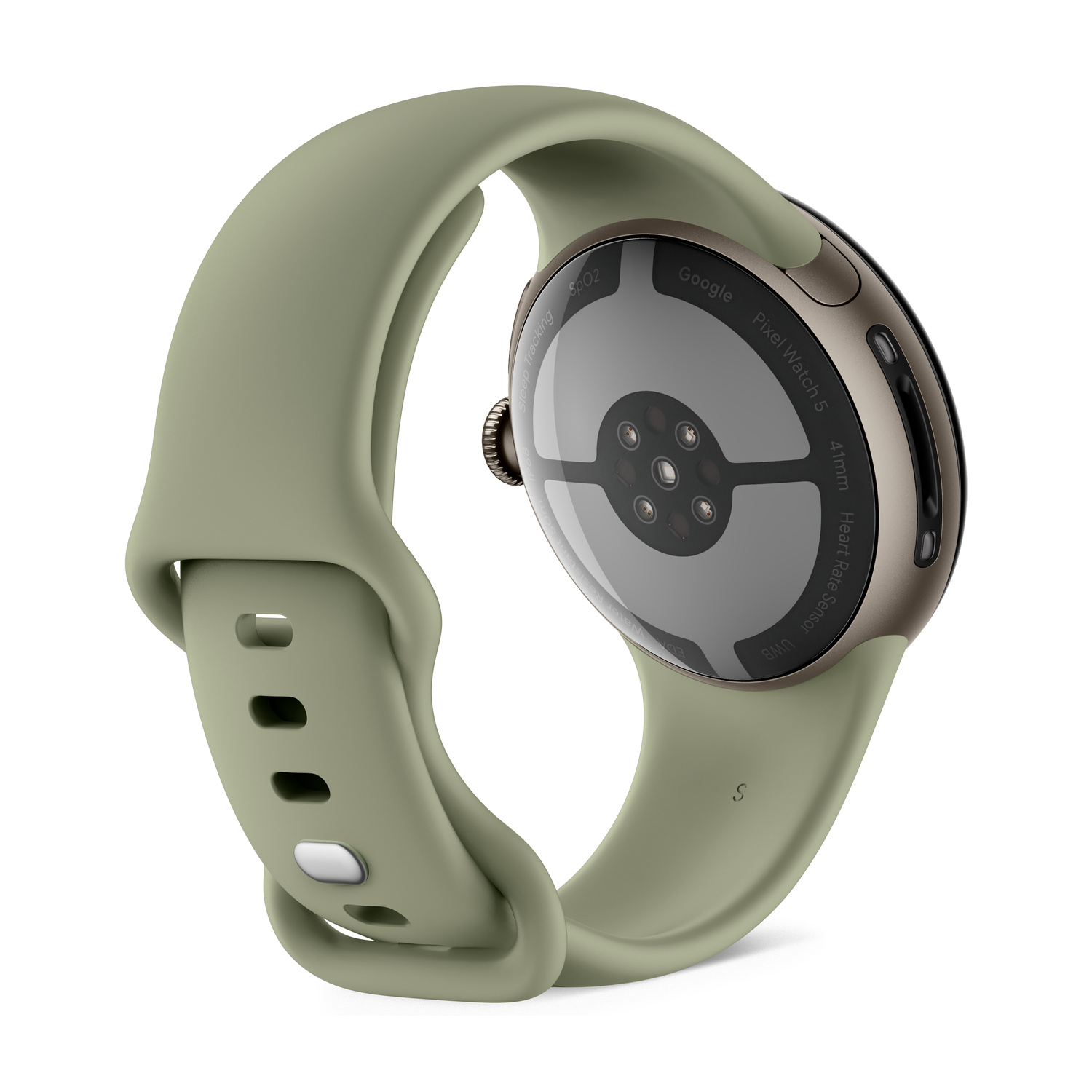 Vista posteriore di un Google Pixel Watch con cinturino in silicone verde chiaro su sfondo bianco.