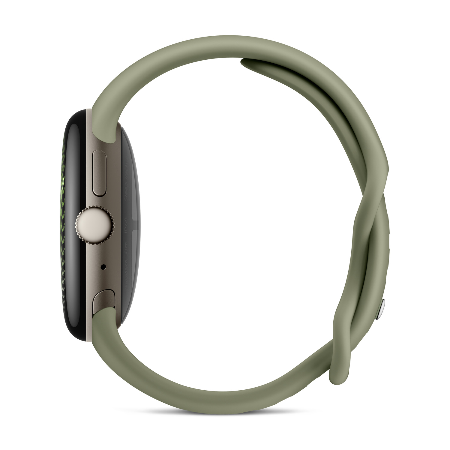 Vista laterale di uno smartwatch con cinturino verde e cassa in metallo.