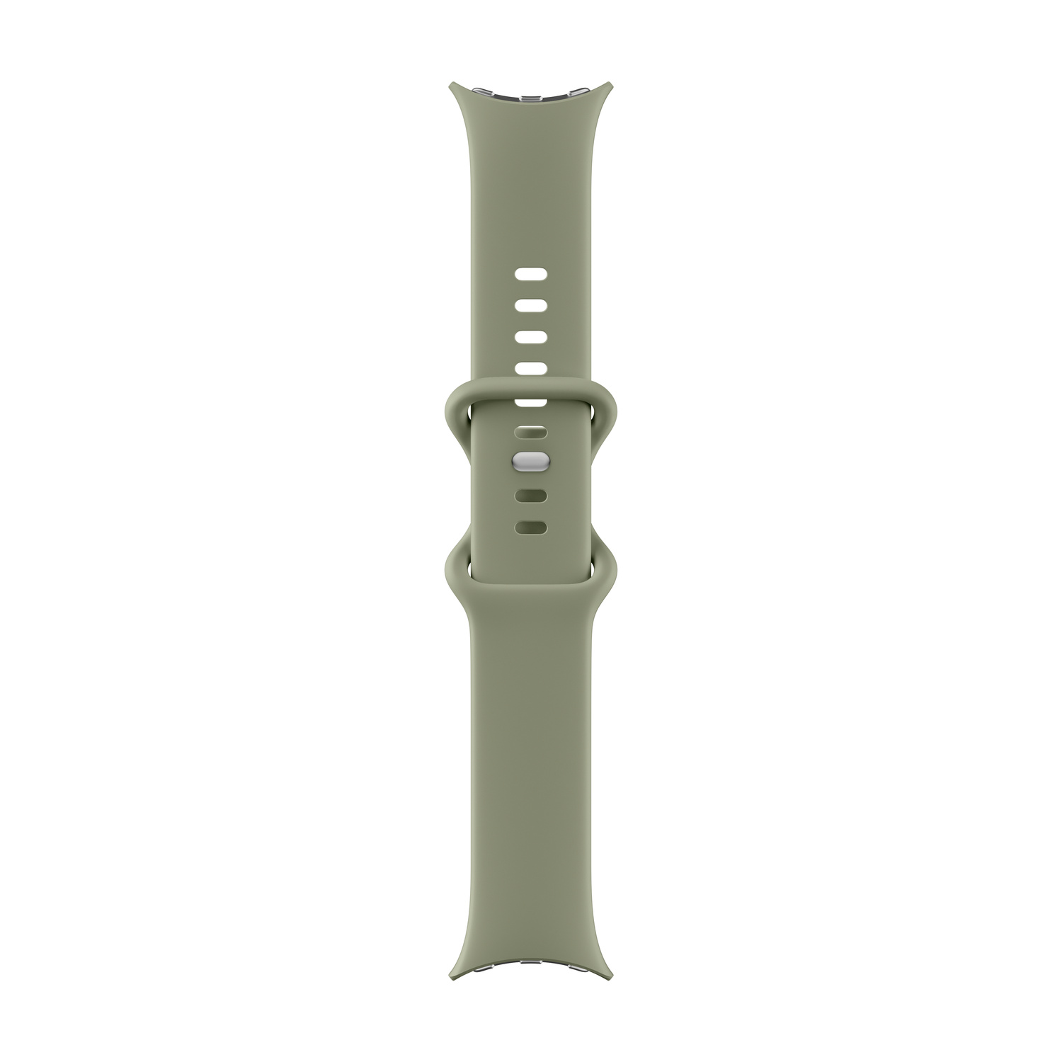 Un cinturino per orologio in silicone verde oliva opaco con passante coordinato, fibbia in metallo e fori.