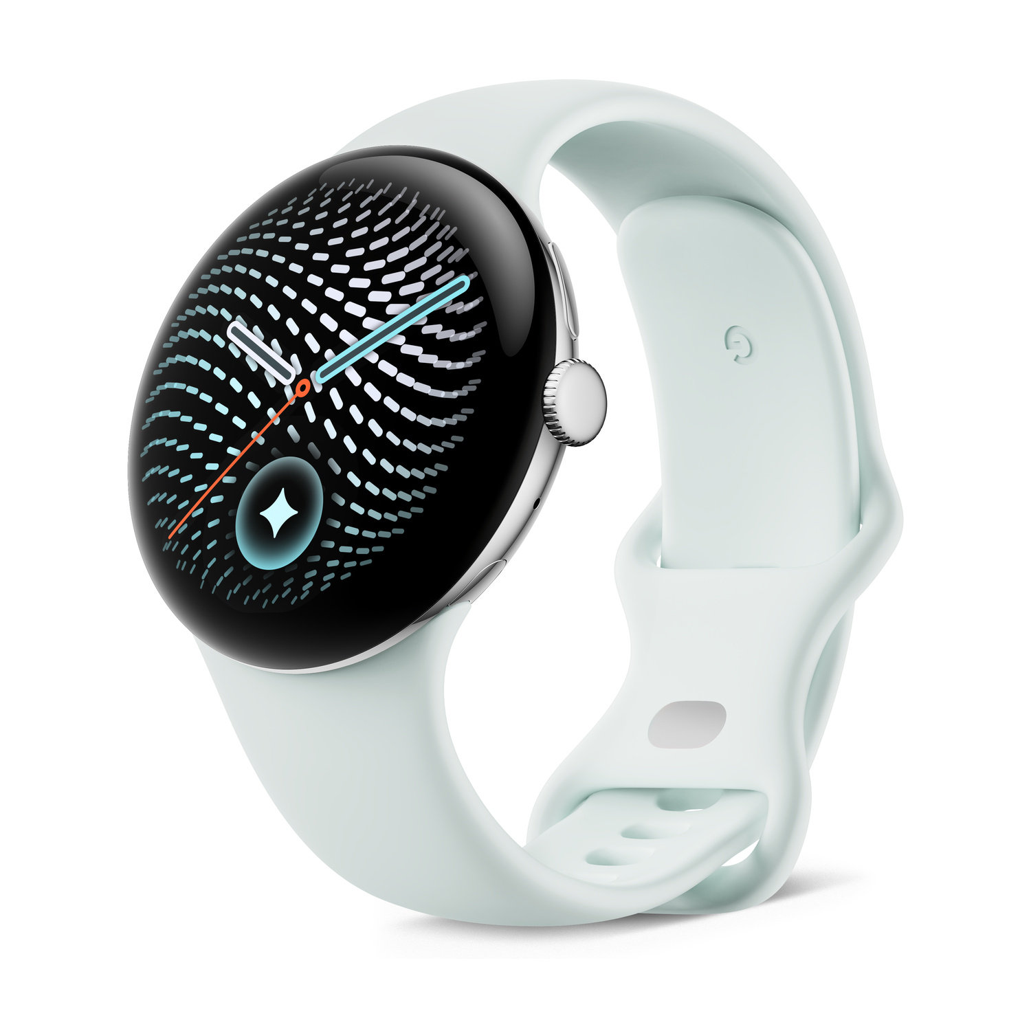 Uno smartwatch bianco con display rotondo e quadrante fantasia su sfondo bianco.