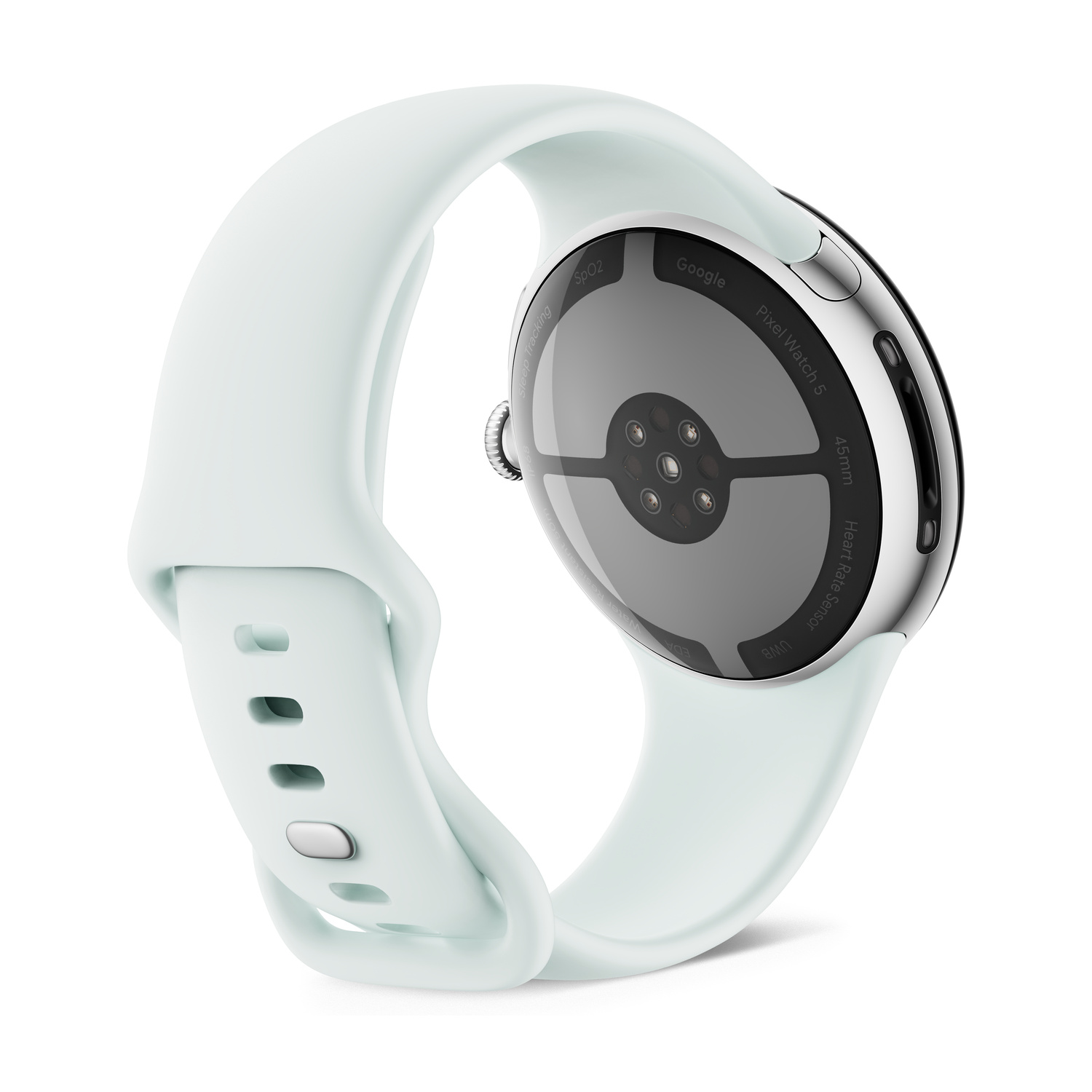 Retro di uno smartwatch con cinturino in silicone chiaro, sensori sul vetro e cassa in acciaio su sfondo bianco.