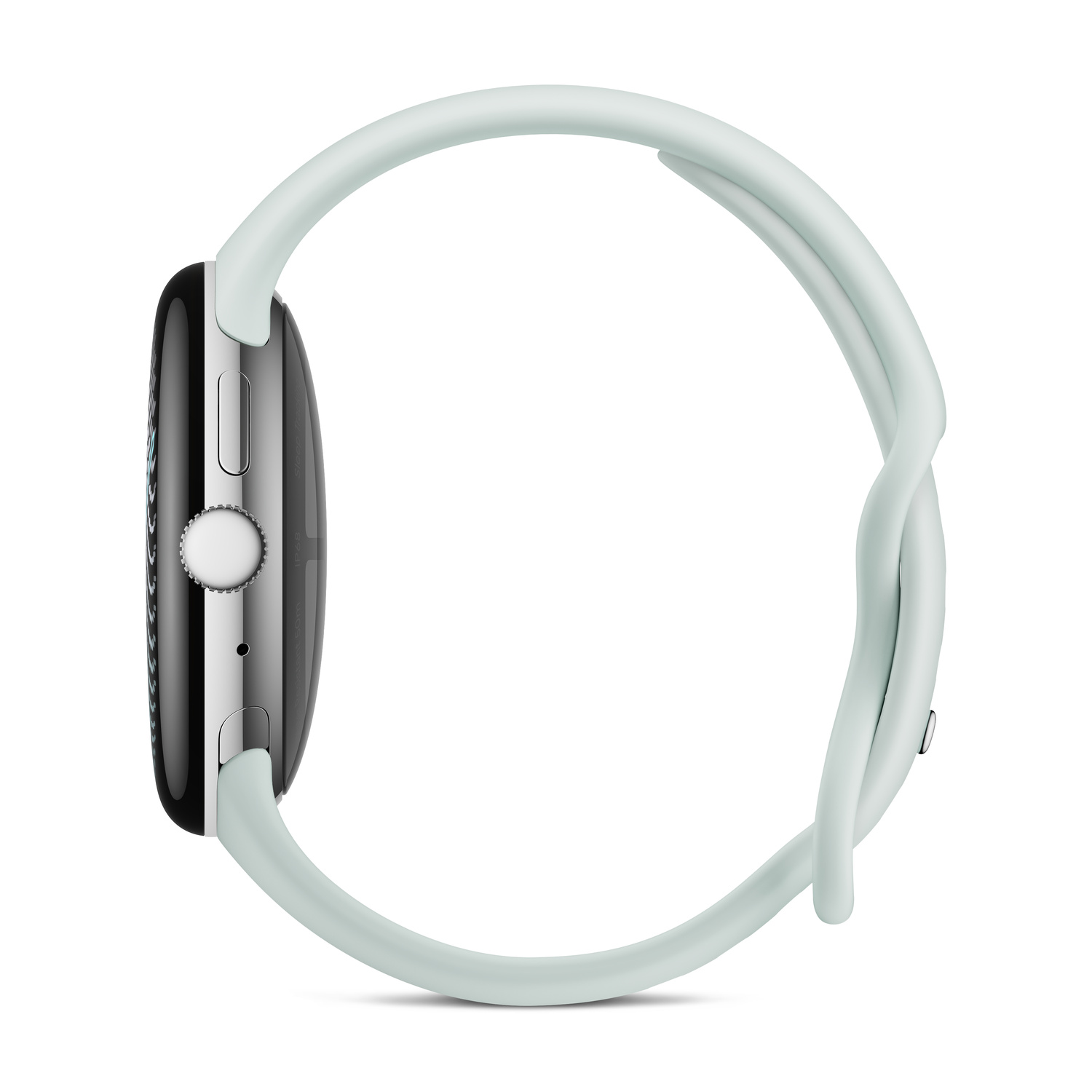 Vista laterale di uno smartwatch con cassa lucida, corona digitale e cinturino in silicone chiaro su sfondo bianco.