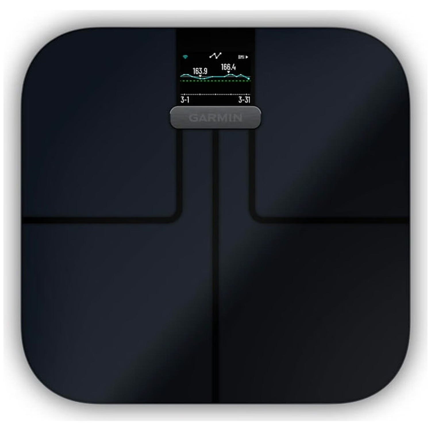 Pèse-personne intelligent Garmin noir avec affichage numérique supérieur et lignes graphiques.