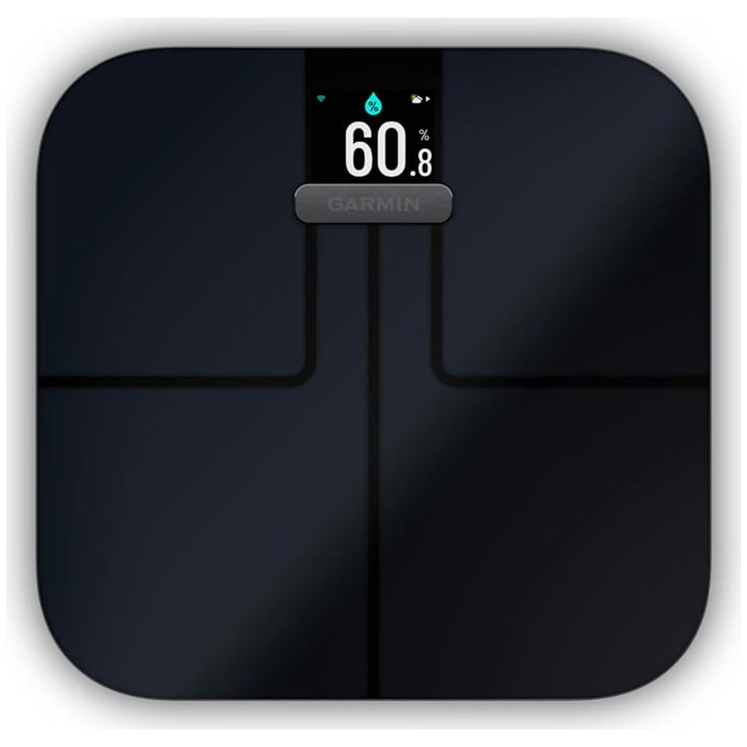 Pèse-personne numérique Garmin noir affichant 60,8 % sur son écran.