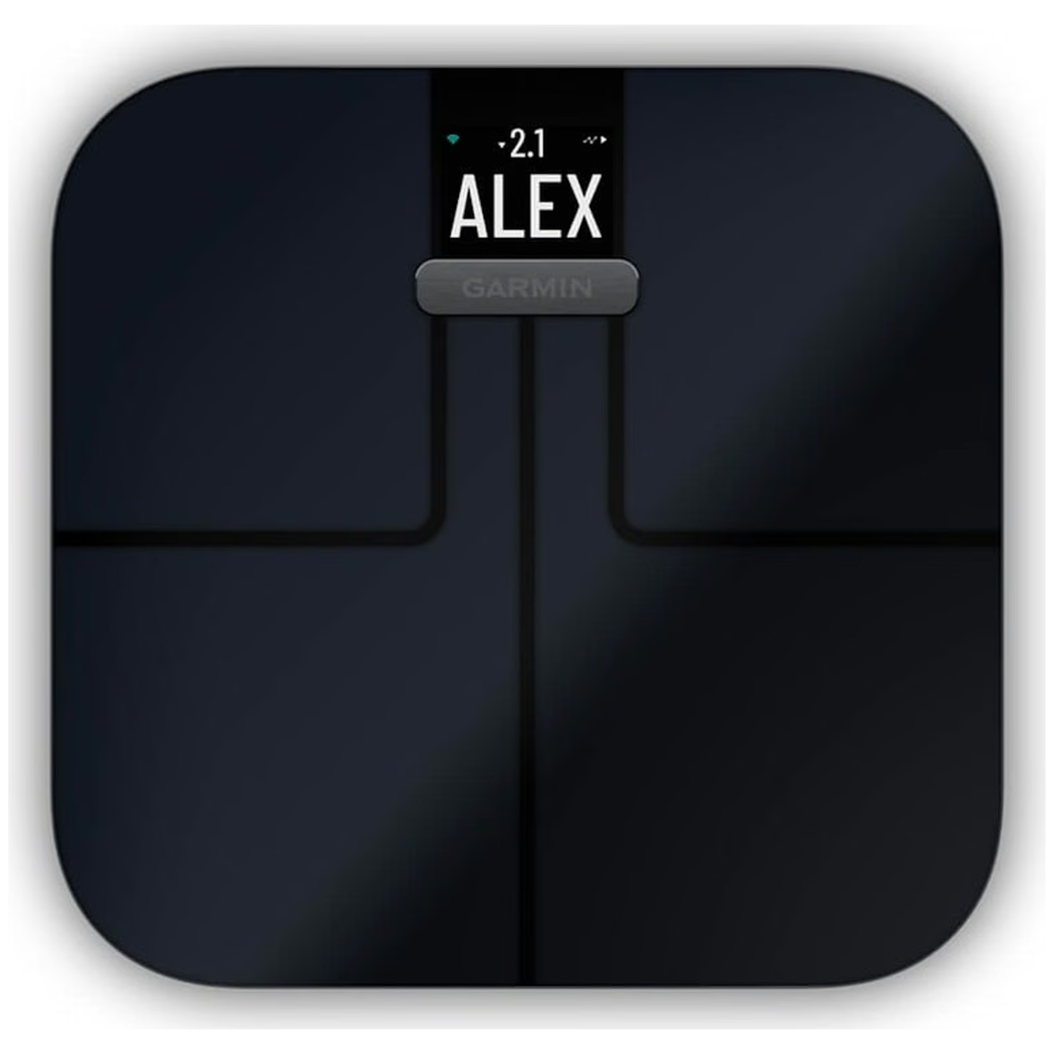 Un pèse-personne intelligent Garmin noir avec un écran affichant le nom Alex et le poids.