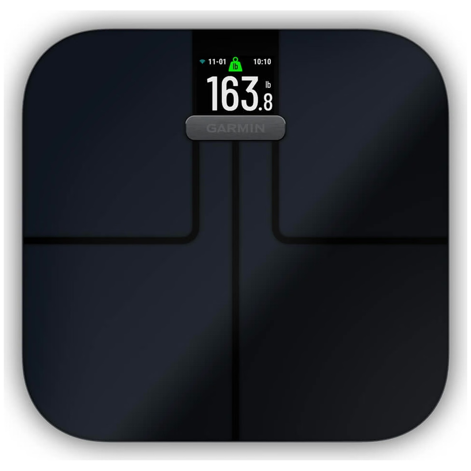 Un pèse-personne Garmin noir avec un écran numérique affichant 163,8 lb.