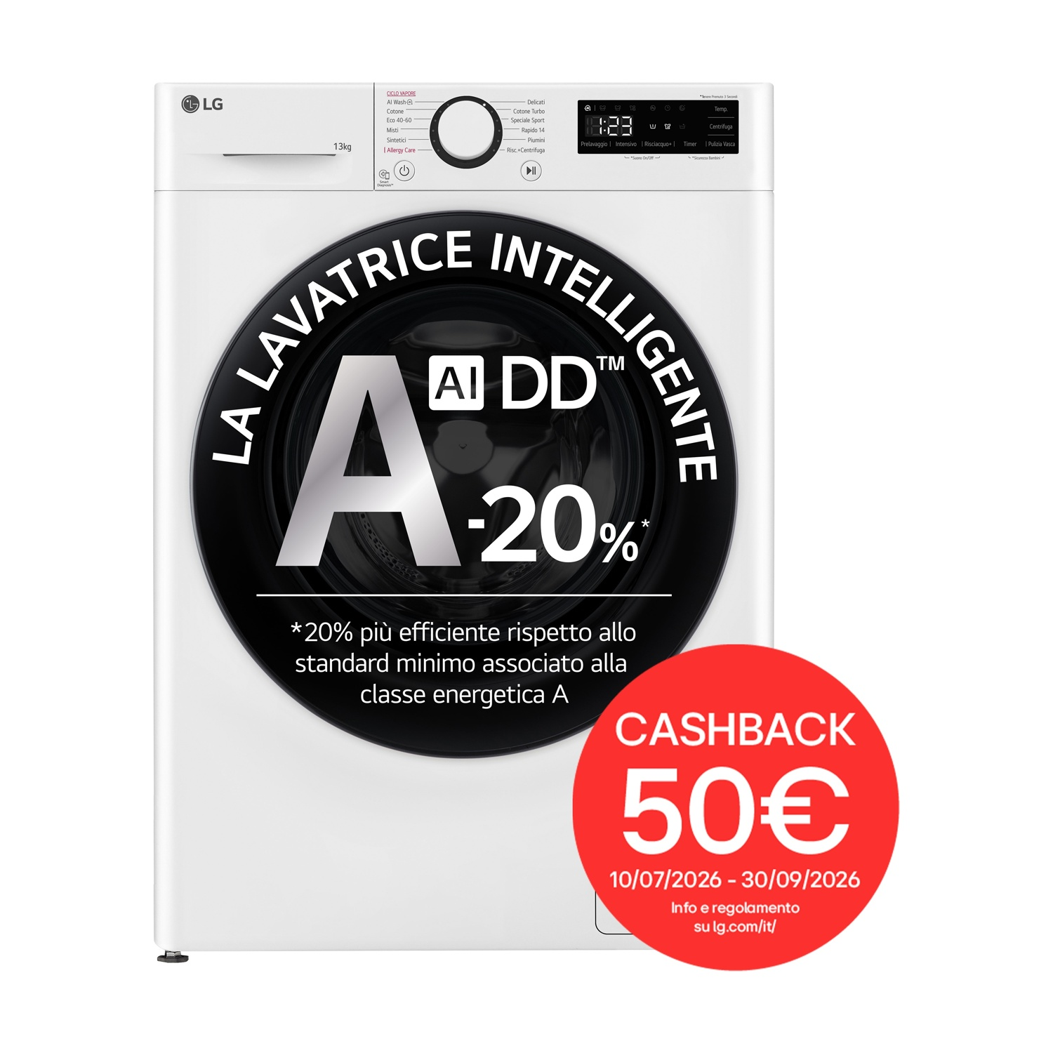 LG AI DD F4R3013NSWB LAVATRICE, Caricamento frontale, 13 kg, 12 programmi, Profondità 61,5 cm, Giri 1400 rpm, Bianca, livello rumorosità centrifuga 72 dB(A), Classe A