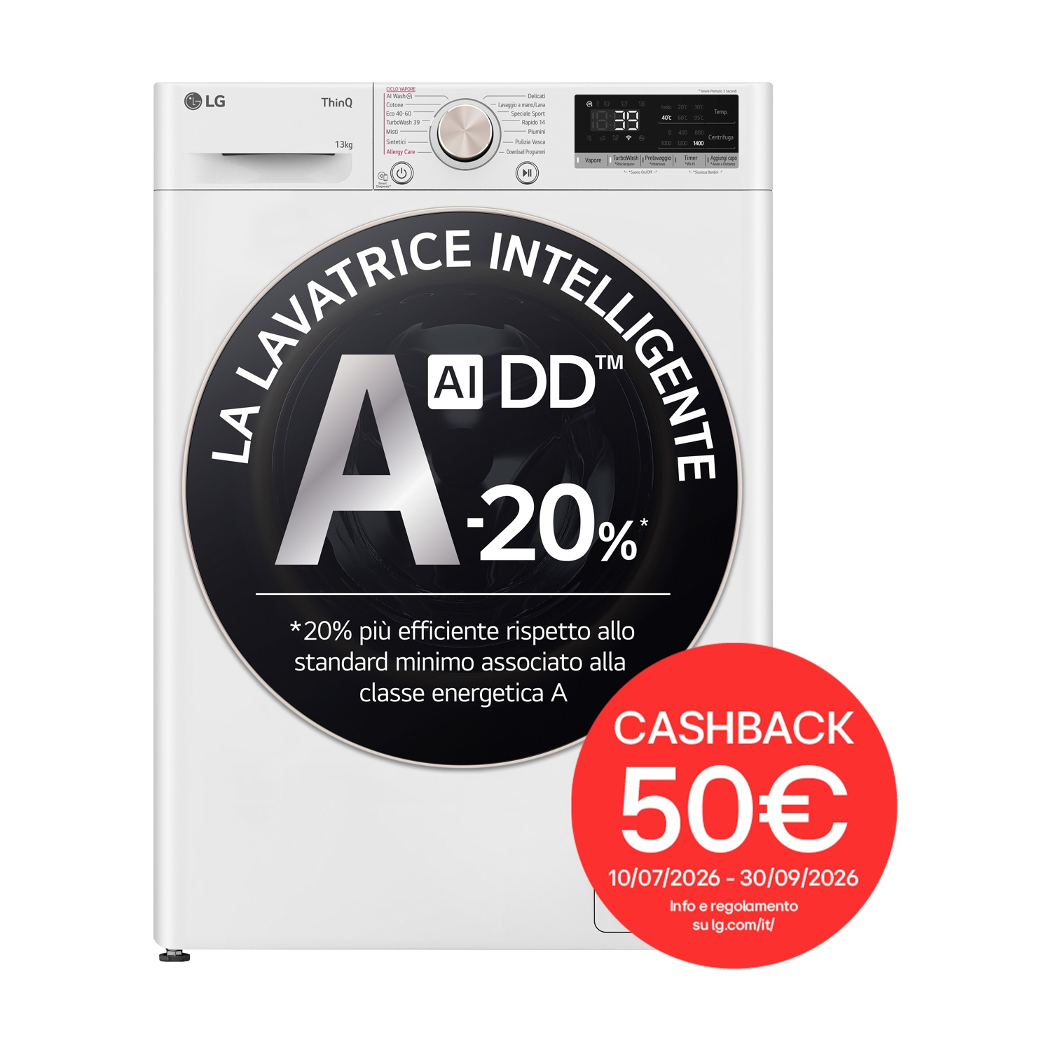 LG F4R7013TSWG AI DD LAVATRICE, Caricamento frontale, 13 kg, 14 programmi, Profondità 61,5 cm, Giri 1360 rpm, Bianca, livello rumorosità centrifuga 72 dB(A), Classe A